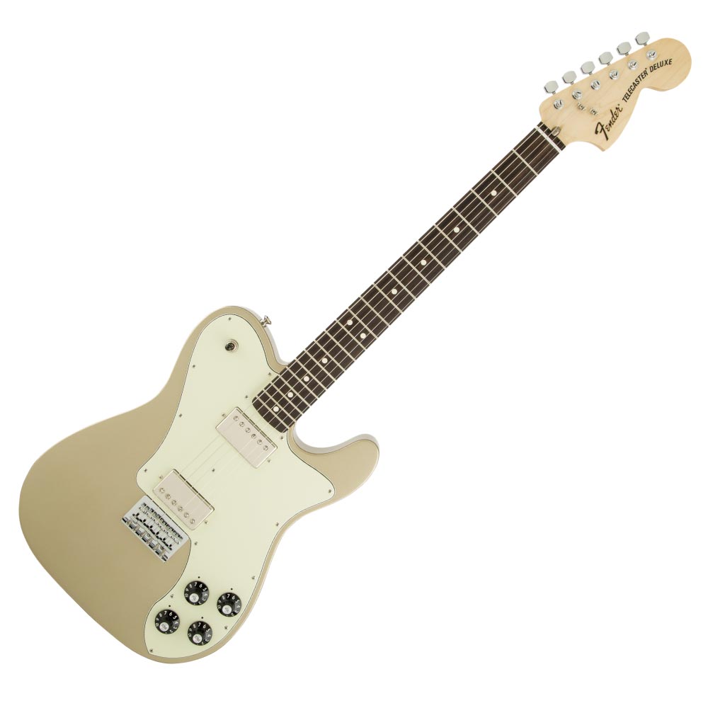 Fender Chris Shiflett Telecaster Deluxe RW Shoreline Gold エレキギター元ニルヴァーナのデイヴ・グロールが結成し、全世界で2000万枚以上のアルバム・セールスとグラミー賞はじめ数多くの栄冠に輝いているアメリカを代表するロック・バンド“FOO FIGHTERS”のギタリスト、クリス・シフレット。パワフルなハムバッキング・ピックアップを搭載したシグネイチャー・テレキャスターが登場。リーズナブルな価格帯ながら、クリスが愛用する'72 Tele Deluxeを踏襲したスペックを採用。カスタムデザインされた高出力のハムバッキング・ピックアップ。チョーキングを考慮して、フラットな12インチ・ラジアスのローズウッド指板が採用されています。【特徴】・1ピース"C"シェイプのメイプルネック、ブレット型トラスロッド、"ラージStratocasterヘッドストック・21ミディアム・ジャンボ・フレット採用の12インチラジアスのローズウッド指板・2基のカスタムデザインの高出力ハムバッキング・ピックアップ・4基のコントロールノブ (各ピックアップにボリュームとトーン・コントロール)・ヴィンテージスタイルのストリング・スルー・ボディStratocasterハードテイル・ブリッジ【SPECIFICATIONS】ボディ：Alderボディフィニッシュ：Polyesterボディシェイプ：Telecasterネック：1-Piece Mapleネックフィニッシュ：Urethaneネックシェイプ："C" Shapeスケール：25.5" (648 mm)フィンガーボード：Rosewoodフィンガーボードラジアス：12" (305 mm)フレットナンバー：21Frets Size：Medium Jumboナット：Synthetic Boneナット幅：1.650" (42 mm)ポジションインレイ：Pearloid Dotsトラスロッド：Bullet Styleブリッジピックアップ：CS1 Humbuckingネックピックアップ：CS2 Humbuckingコントロール：Volume 1. (Neck Pickup), Tone 1. (Neck Pickup), Volume 2. (Bridge Pickup), Tone 2. (Bridge Pickup)ピックアップスイッチ：3-Position Toggle: Position 1. Bridge Pickup, Position 2. Bridge And Neck Pickups, Position 3. Neck Pickupピックアップコンフィギュレーション：HHブリッジ：6-Saddle Vintage-Style Strat Strings-Through-Body Hardtailハードウェアフィニッシュ：Chromeチューニングマシーン：Fender Vintage "F" Stampedピックガード：3-Ply Mint Greenコントロールノブ：Skirted Amp KnobsストリングFender USA 250L, NPS, (.009-.042 Gauges)カラー：Shoreline Gold