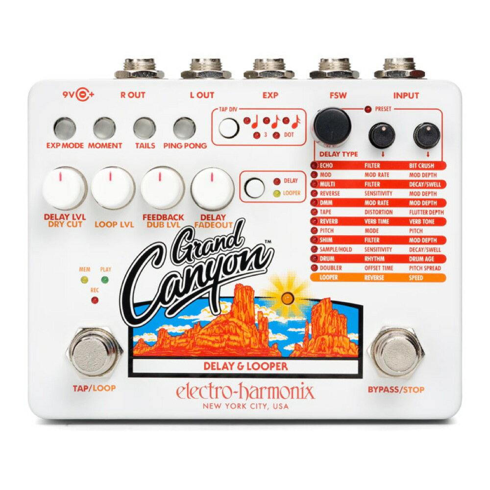 ELECTRO-HARMONIX Grand Canyon Delay ＆ Loopers ディレイ・ルーパーGrand Canyon は、EHX の最も高機能なマルチファンクション・ディレイ／ルーパーペダルです。 12種類のエフェクトタイプと、レコーディングとオーバーダビングが可能なルーパー機能を搭載しています。優れたサウンドクオリティ、最大3秒のディレイタイム、タップテンポと9タップディバイドセッティング、ステレオアウト、13プリセット、プログラム可能な EXP ペダルセッティング、ソフトな感触のスイッチを採用した高品質なアナログバイパスなどを備えています。1. ECHO - ビットクラッシュ/サンプリングレートリダクションとロー/ハイパスフィルターを備えた、解像度の高い24ビットのデジタルディレイです。2. MOD - 豊かなフランジャー、コーラス、ビブラート、ワーブルといった効果を生み出すモジュレーションディレイです。3. MULTI - エコーのリピート音を最大31回まで正確に設定が可能なマルチタップディレイです。リピート音のスウェル/ディケイを調整可能なボリューム・エンベロープを搭載しています。4. REVERSE - 素晴らしいリバース・エコーサウンドを生み出すために高度なピッキング検知機能を搭載した使いやすいリバースディレイです。 5. DMM - Electro-Harmonixの伝説的なアナログBBDディレイペダル「Deluxe Memory Man 」の甘美なトーンを作り出します。6. TAPE - エコーマシンのテープディストーションや揺れなど、アナログテープエコーのオーガニックなサウンドをシミュレートしました。7. REVERB - プレートリバーブとエコーを組み合わせました。それぞれのリピート音に華やかなプレートリバーブの残響が付加した反響するエコーです。ディレイ効果を無くした純粋なリバーブとしても使用できます。8. PITCH - EHXの非常に高く評価されているポリフォニック・ピッチシフト＋デジタルディレイの組み合わせは、ピッチシフトしたエコーサウンドと連続したリピートサウンドを作り出します。9. SHIM - シマーは豊かなオクターブシフトの煌びやかな音像を生成します。10. SAMPLE/HOLD - Sample ＆ Hold は音を弾き始めてから次の音の入力が検知されるまでインフィニティ・エコーを作り出すことができます。11. DRUM - 記録媒体に磁気ディスクを採用したドラム式の Binson EchorecRスタイルのディレイを忠実にエミュレートしました。音楽的でリズミックなエコーパターンを作り出す再生ヘッドの構成が特徴です。12. DOUBLE - モノラル・シグナルに厚みを持たせたり、広がりのあるステレオ効果を作り出します。デチューンやL/Rアウトプットのディレイタイムのオフセットも設定が可能です。13. LOOPER - 最大16分の録音が可能なルーパーモードです。無制限のオーバーダビング、アンドゥ/リドゥ、ルーパー専用のストップボタン、ループのフェードアウト、リバースやスピード調整機能を搭載しています。Specs・最大3秒のディレイタイムを設定可能な高機能ディレイ/ルーパーペダル・エフェクトバイパス時に自然な残響音を残すことができる「TAILS」機能・創造性を高め、膨大な音色をカバーする12エフェクトタイプ・9タイプのサブディビジョンを選択可能なタップ・テンポ機能・最大16分も録音可能なルーパー機能・EHX 9.6DC-200アダプター付属・サイズ 121 mm (w) x 102 mm (d) x 57 mm (h)