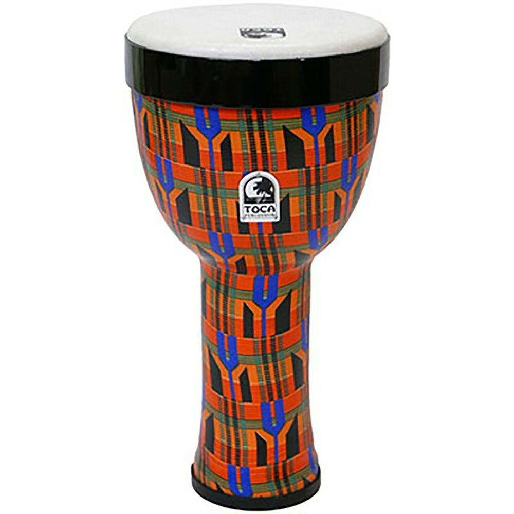 TOCA TF2ND-8K FREESTYLE II 8in NESTING DJEMBE KENTE ジャンベ 8インチ演奏をいつでもどこでも、楽しんで頂けるNesting Djembes。TOCA Freestyle Djembes の特徴を引き継ぐ、耐久性・軽量化に優れたPVC 合成樹脂のボディ。音程の安定したシンセティックヘッドは取り外し単体でフレームドラムのように演奏が可能です。8"、10"、12" の異なるサイズはサウンドのバリエーションだけで無くヘッドを取り外し、三種を重ねて省スペースで収納することが可能です。学校などのグループ演奏に最適な、誰でも楽しめるジャンベです。HEAD：8インチTALL：15インチ