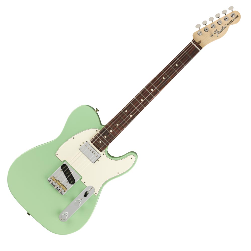 Fender American Performer Telecaster with Humbucking RW SFG エレキギターカリフォルニア州のコロナ工場で製造されるAmerican Performer Telecaster Humは、DoubleTapハムバッカーを搭載し、USA製フェンダーならではのオーセンティックなトーンとフィーリング、パそしてフォーマンスにインスピレーションを与え新たな次元へと導くモダンスペックを随所にフィーチャーしています。本モデルは、American Performerシリーズのために特別に開発された、リッチで表情豊かなトーンを奏でるYosemiteシングルコイルピックアップと、ロウ漬けされたDoubleTapハムバッカーを搭載しています。特許出願中のピックアップデザインは、シングルコイルモード時のボリュームロスを防ぎ、両ピックアップのコンビネーションでダイナミックなサウンドを奏でます。Yosemiteピックアップは高出力を実現する面取りのないポールピースのスタッガード仕様です。またAmerican Performer Telecaster Humはトーンを絞った際に低域も同時に適量アッテネートするGreasebucketトーンサーキットを搭載し、音の濁りを防ぎます。9.5インチラジアス指板のModern Cシェイプネックには22本のジャンボフレットを装備し、スムーズかつ正確なベンディングが行えます。【Specifications】ボディフィニッシュ：Satin Polyurethaneボディシェイプ：Telecasterネック：Mapleネックフィニッシュ：Satin Urethaneネックシェイプ：Modern "C"スケール：25.5" (648 mm)フィンガーボード：Rosewoodフィンガーボードラジアス：9.5" (241 mm)フレットナンバー：22Frets Size：Jumboナット：Synthetic Boneナット幅：1.650" (42 mm)ポジションインレイ：White Dotsトラスロッド：Standardトラスロッドレンチ：1/8" Hex (Allen)ブリッジピックアップ：Yosemite Single-Coil Telecasterネックピックアップ：American Performer DoubleTap Humbuckingコントロール：Master Volume, Greasebucket Tone Circuit (Rolls Off Highs without Adding Bass).ピックアップスイッチ：3-Position Blade: Position 1. Bridge Pickup, Position 2. Bridge and Neck Pickups, Position 3. Neck Pickupピックアップコンフィギュレーション：HSブリッジ：3-Saddle Strings-Thru-Body Tele Bridgeハードウェアフィニッシュ：Nickel/Chromeチューニングマシーン：Fender ClassicGearカラー：Satin Surf Green