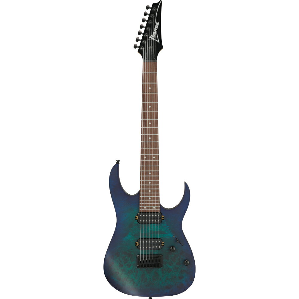 IBANEZ RG7421PB-SBF 7弦エレキギターエキゾチックな杢目のポプラ・バールTOP、7弦ノントレモロ・モデル- 瘤杢入りのポプラ材TOPを艶消しフィニッシュで仕上げたエキゾチックなモデルTOPとは異なるカラーで塗り分けたSIDES&BACKとのコントラストで、高い質感と際立つ存在感の獲得を求めました。- 薄い握り心地と握り易さを追求したWizard II 7弦ネックIbanezの代名詞でもある弾きやすさを追求した薄めのネック"Wizard"直系の7弦仕様のネック・シェイプです。- メランティ材ボディ中音域からやや低音域の特性に富んだ、明るくふくよかな音色と甘めのトーンが特徴です。 古くから家具や建築材料にまで幅広く扱われ、"フィリピン・マホガニー"と称される木材です。- ジャトバ材指板カリンやブビンガなどに似た褐色/赤褐色の木肌と木目を持つ硬質な南洋材です。 メイプルよりははるかに硬く、ローズウッドと比較しても同等かややさらに硬く指板材に適しています。- 輪郭が明瞭な低音域とキレのよい高音域が特徴のIbanez Quantumピックアップ- シンプルなコンストラクションで人気のフィクスド・ブリッジ- ソフト・ケース付属【Spec】- Neck type：Wizard II-7 3pc Maple neck- Body：Poplar Burl top/Meranti body- Fretboard：Jatoba fretboard w/White dot inlay- Fret：Jumbo frets- Bridge：Fixed-7 bridge- Neck pickup：Quantum-7 (H) neck pickup- Bridge pickup：Quantum-7 (H) bridge pickup- Hardware color：Black- Strings：D'Addario EXL110-7 (.010/.013/.017/.026/.036/.046/.059)【Neck Dimensions】Scale 648mm/25.5" Width at Nut 48mmWidth at Last Fret 68mmThickness at 1st 19mmThickness at 12th 21mm Radius 400mmRカラー：SBF (Sapphire Blue Flat)