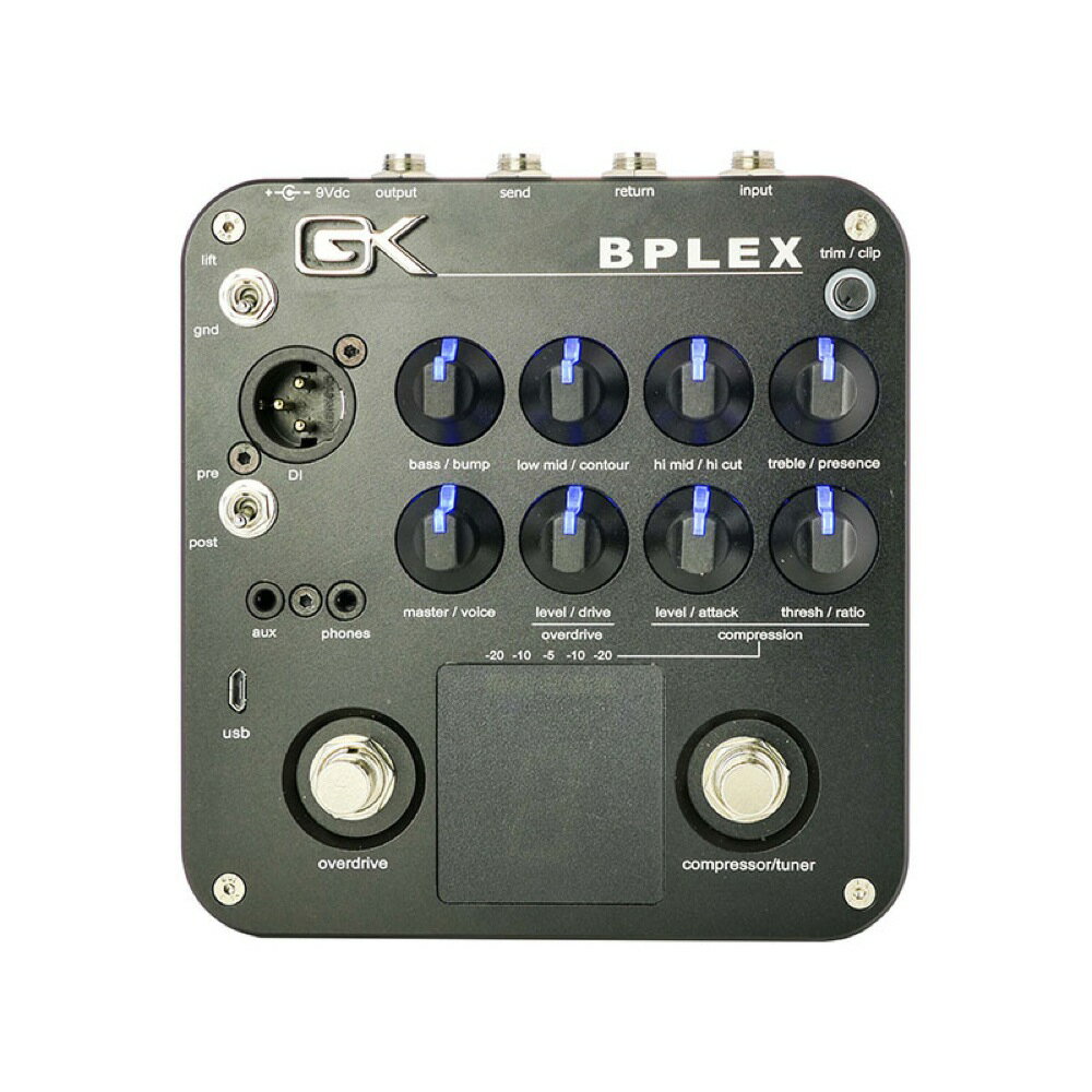 GALLIEN-KRUEGER BPLEX Preamp プリアンプ ベース用エフェクターBプレックス・プリアンプは、47年に及ぶアンプ設計の経験と最先端の技術を組合わせ、現代のミュージシャンが必要とする柔軟性を提供します。すべてのギャリエン・クルーガー製品の心臓部は、30年以上前にベーストーン・シェイピングの標準を設定したアクティヴ4バンド「ヴァリアブルQ」イコライザーとコントゥアー回路です。長年の実績に証明されたGKのテクノロジーを注ぎ込んだBプレックスは、オリジナル・ベース・トーンを作ることができる多様なフィルターを特長とします。また、Voiceコントロールにより、800RB、Fusion550、MB800、MB150などギャリエン・クルーガーの名器のサウンド・キャラクターを選択することも可能です。フットスイッチでオン/オフ可能なコンプレッサーとオーバードライヴは、あなたの演奏をバンドにシームレスに溶け込ますことや、バンド・サウンドに埋もれず際立たせることが出来ます。足元でも見やすいLEDディスプレイ表示で、便利なクロマティック・チューナーも装備しています。アンプまたはパワーアンプへの接続用の標準ジャック出力端子、PAまたはレコーディング・コンソールに送信するDI出力端子を装備しています。AUX入力端子とヘッドフォン出力端子は、お気に入りの曲と一緒に静かにジャミングするのに理想的です。また、USB入出力端子によって、お気に入りの録音ソフトウェアと組合わせデジタル録音やリ・アンプが可能です。また、LEDの入ったコントロールは暗転したステージでも視認性が高く、重量感のある筐体は、フットスイッチを押した際に抜群の安定感を備えています。【Specifications】コントロール：Bass/Bump，Low Mid/Contour，Hi Mid/ Hi Cut，Treble/Presence，Thresh/Ratio，Level/Attack，Level/Drive，Master/Voice，Trim/Clipスイッチ：Over Drive，Compressor/Tuner，Ground/Lift，Pre EQ/Post EQ入出力端子：Input，Output，Send，Return，DI Output，USB(Micro USB Type B)，Aux，Phones電源：9VDC (付属パワー・サプライ) ※極性:センター・マイナス、9VDC/500mA以上推奨サイズ：135.6(W) × 142.3(H) ×55.2(D)mm ※突起物含まず。重量：約856g【Details】 ■4バンドのアクティヴEQおよびコントゥアー■トーン・シェイプをさらに拡張するヴォイシングの選択■有用性の高く、細かな設定が可能なコンプレッサー■視認性の高い、大きなLEDディスプレイ表示のクロマティック・チューナー■ヴォイシング機能を組合わせることで、さらに幅広いサウンド・メイキングが可能なオーバードライヴ■外部音源など入力できるAUX入力端子を装備■ヘッドフォン出力端子を装備■グラウンド・リフト・スイッチ、プリ/ポスト・セレクターを装備したXLRダイレクト出力端子■ダイレクト・レコーディングやリ・アンプを可能にするUSB入出力端子を装備■GK MBPパワード・エンクロージャーと組合せての使用も可能■便利なエフェクト・センド/リターン端子を装備■1/4インチ標準ジャックのアウトプット端子を装備