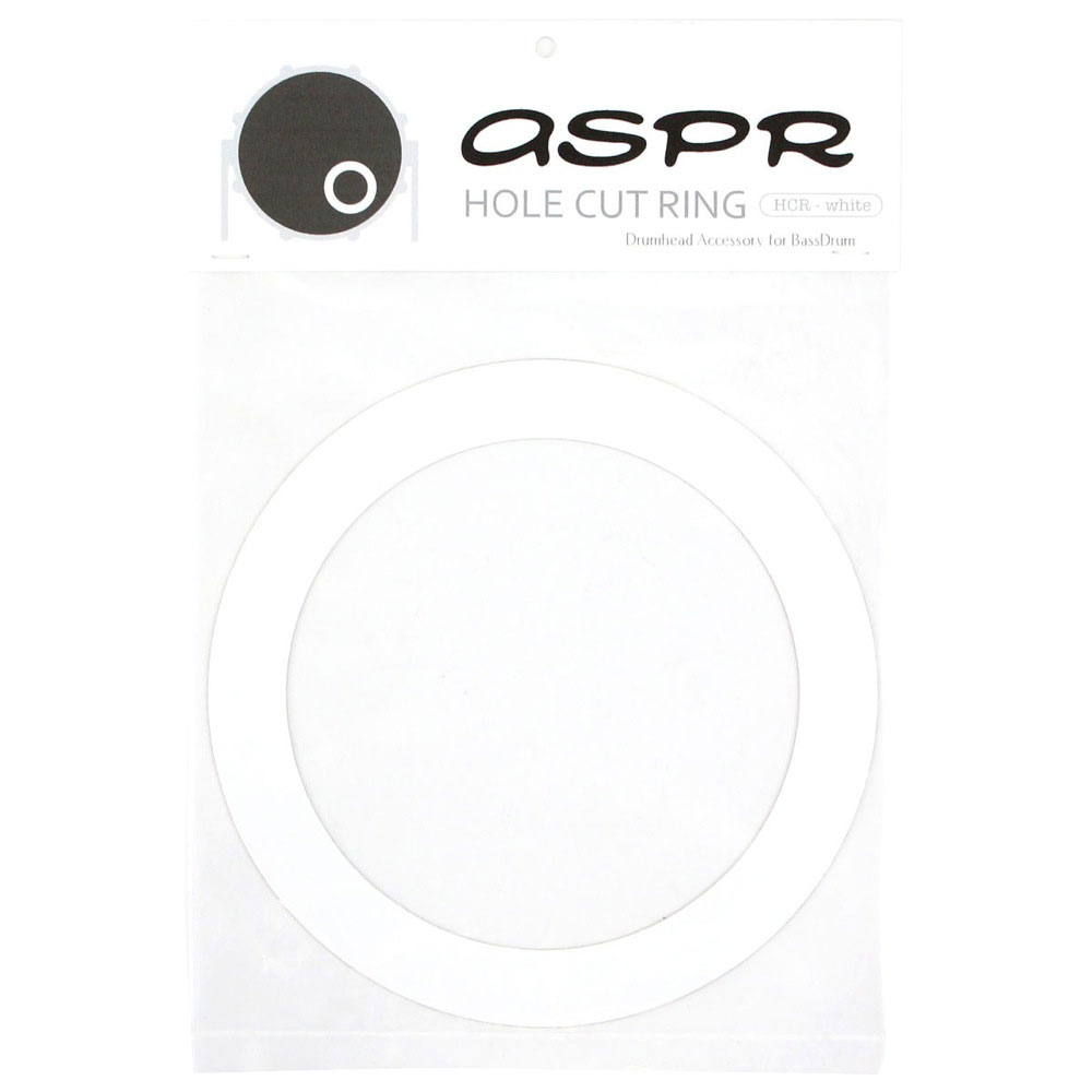 ASPR（アサプラ） HOLE CUT RING HCRWH White ホールカットリング ホワイトバスドラムフロントヘッドのホールをカットするアイテム。ご希望の場所に貼ってカッターで簡単にカットが可能です。ホールからの破損を防ぐ補強にもなり軽いレザー調のデザイン。外径：172mm内径：131mm