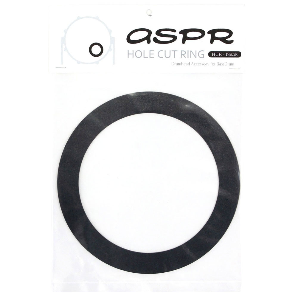 ASPR（アサプラ） HOLE CUT RING HCRBK Black ホールカットリング ブラックバスドラムフロントヘッドのホールをカットするアイテム。ご希望の場所に貼ってカッターで簡単にカットが可能です。ホールからの破損を防ぐ補強にもなり軽いレザー調のデザイン。外径：172mm内径：131mm