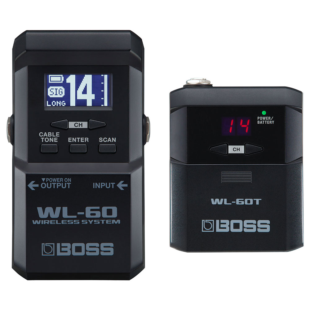 BOSS WL-60 Wireless System ギターワイヤレスシステム大型LCD搭載のペダル型ワイヤレスワイヤレス・システムWLシリーズは、BOSS独自のテクノロジーにより音の遅れや音質劣化を極限まで排除し、超高音質かつ安定した信号伝送を実現。自由で、安心して演奏できる環境をプレイヤーへ提供します。WL-60のレシーバーには大型LCDを搭載。全14チャンネルの状態を即座に確認でき、簡単な操作で最適なチャンネルを選択できます。また、コンパクトなサイズ設計のため、エフェクト・ボードへの設置もスムーズに行えます。堅牢なトランスミッターは、あらゆる楽器への接続を考慮したボディパック・スタイルを採用。アルカリ電池で最大25時間という驚異的な連続使用時間を実現しています。・高音質で安定した接続を、超低レイテンシーで実現・14チャンネルをオート・スキャンすることで、簡単でスピーディなセットアップが可能・レシーバーには、各チャンネルの電波強度や電池の残量などを表示する大型LCDを装備・レシーバーは、ペダルボードへの組み込みに最適なBOSSコンパクト・ペダルと同等のサイズ設計・ACアダプター、もしくは単三アルカリ電池2本で駆動する2電源方式を採用したレシーバー・レシーバーには、標準ケーブル対応のインプット端子を装備・レシーバーから、他のペダルへ電源供給が可能なDCアウト端子を装備　※1・WL-60Tトランスミッターを付属。バックアップ用途など、トランスミッターの追加が可能・トランスミッターは、あらゆる楽器への接続を可能にするボディパック型・単三アルカリ電池2本駆動で、最大25時間の連続使用が可能なトランスミッター・伝送範囲は20mまでカバー　※2・トランスミッターとギター／ベースを接続する60cmの高音質ケーブルを付属・※1 レシーバーからDCアウト端子を使用して他のペダルへ電源供給する場合は、別売アダプタ（BOSS PSA-100S）を使用して下さい・※2 使用場所の状況により変動します・BOSS独自開発の超高速ワイヤレス・テクノロジーBOSSの高性能ワイヤレス・テクノロジーを搭載したWL-60は、常に安定した接続とダイナミック・レンジの広い高品位な音質を実現。わずか2.3msの低レイテンシーによりストレスを感じることなく演奏できます。また、最大で14チャンネルを複数のプレイヤーが同時に使用して演奏することも可能です。※※使用環境により、同時に使用できるワイヤレス・システムの台数は少なくなります。・大型LCDによる卓越した視認性WL-60はスキャン・モードと大型LCDを装備、簡単にチャンネル選択を行うことができます。スキャン時にはチャンネル全てのステータスが画面に表示され、電波状況の把握、最適なチャンネル選択をスピーディに実現できます。また、複数のバンド・メンバーがWL-60を使用する状況下においては、それぞれのチャンネルを簡単に素早く割り当てることができます。ライブやスタジオ・セッション、バンド練習など、あらゆる場面での使用が可能です。・スムーズなチャンネル設定レシーバーに装備した大型LCDとシンプルな操作性により、簡単かつスピーディにチャンネル設定ができます。スキャン・ボタンを押すと自動的に14のチャンネルがスキャンされ、その中で最適なチャンネルがLCDに表示されます。あとはトランスミッターのチャンネルを選択するだけ。電波強度や接続チャンネル、バッテリー残量などの適宜確認したい主要なステータスは、レシーバーのLCD画面で直ぐにチェックできます。・あらゆるギター／ベースで使用可能なボディパック型のトランスミッターWL-60は軽量でコンパクト、堅牢設計のトランスミッターWL-60Tを付属しています。トランスミッターは、ベルトや楽器のストラップへ安全かつ簡単に装着が可能。アルカリ単三電池2本で、最大25時間の連続使用を実現しました。万が一電池が切れても、新しいものに交換するだけで直ぐに演奏に復帰できます。また、チャンネルは手動での変更も行えます。接続用の標準ケーブルも同梱しており、さまざまな形状のギターで使用が可能。バックアップ／サブ・ギター用として、WL-60T単体のオプションも用意しています。・ペダルボードに設置するだけWL-60のレシーバーは、ペダルボードに組み込みやすいコンパクト・ペダル・サイズ設計です。WL-60のアウトプットから最前段のエフェクターに接続するだけで、コンパクトなワイヤレス・システムが完成します。また、標準インプットを装備しており、必要に応じてギターからケーブルを直接接続することもできます。・切り替え可能なケーブル・トーン・シミュレーション一般的なパッシブ・タイプのピックアップ（電池が不要なピックアップ）を搭載したギターやベースの場合、接続するギター・ケーブルの長さにより音質に微妙な変化が現れます。WL-60にはその自然な音質変化を再現するケーブル・トーン・シミュレーションが搭載されており、ケーブルの長さをシミュレートした2タイプを切り替えることができます。また、プリアンプ内蔵のエレクトリック・アコースティック・ギターやアクティブ・ピックアップ搭載のエレクトリック・ギターを使用する際は、この効果をOFFにすることも可能です。・ペダルへの電源供給機能別売アダプター（PSA-100S）使用時には、WL-60のレシーバーからの電源供給も可能です。別売のパラレルDCコード（PCS-20A）を使用することにより、複数のBOSSコンパクト・ペダルへ同時に電源を供給することができます。・あらゆる環境に対応できる2電源方式WL-60のワイヤレス・レシーバーはACアダプターに加え電池駆動も可能です。アルカリ単三電池2本により最大で10時間使用することができます。2電源方式の採用により、さまざまな状況への対応が可能です。主な仕様（レシーバー）無線通信フォーマット・BOSS独自方式によるデジタル・オーディオ無線キャリア周波数・2.4GHzチャンネル数・14（使用場所の状況により変動）伝送範囲・見通し20m（使用場所の状況により変動）レイテンシー・2.3msダイナミックレンジ・110dB以上周波数特性・20Hz〜20kHz規定入力レベル・-10dBu入力インピーダンス・1MΩ規定出力レベル・-10dBu出力インピーダンス・1kΩ推奨負荷インピーダンス・10kΩ以上コントロール・CHボタン・SCANボタン・ENTERボタン・CABLE TONEボタンインジケーター・グラフィックLCD 64×32ドット接続端子・INPUT端子：標準タイプ・OUTPUT端子：標準タイプ・IN端子・OUT端子電源・アルカリ電池（単3形）×2・ACアダプター（別売）消費電流・70mA連続使用時の電池の寿命・アルカリ電池：約10時間・※使用状態によって異なります。付属品・取扱説明書・「安全上のご注意」チラシ・トランスミッター・ギター・ケーブル・ゴム足 ×4・アルカリ電池（単3形 2本、本体に接続済み）・保証書・ローランド ユーザー登録カード別売品・ACアダプター：PSA-100S・パラレルDCコード：PCS-20A外形寸法 / 質量（レシーバー）幅 (W)・70 mm奥行き (D)・120 mm高さ (H)・54 mm（ゴム足除く）・56 mm（ゴム足含む）質量・180g（乾電池除く）・220g（乾電池含む）主な仕様（トランスミッター（WL-60T））規定入力レベル・-10dBu（1MΩ）コントロール・POWERスイッチ・CHボタンディスプレイ・7セグメント2桁LEDインジケーター・POWER/BATTERY接続端子・INPUT端子：標準タイプ電源・アルカリ電池（単3形）×2消費電流・110mA連続使用時の電池の寿命・アルカリ電池：約25時間・※使用状態によって異なります付属品・アルカリ電池（単3形2本）外形寸法 / 質量（トランスミッター（WL-T））幅 (W)・68 mm奥行き (D)・88 mm高さ (H)・30 mm（ストラップ・クリップ含む）質量・120g（乾電池含む）