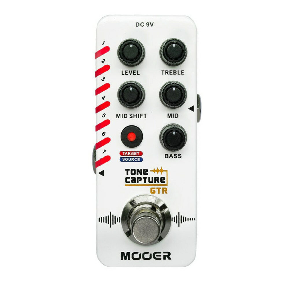 Mooer Tone Capture GTR トーンキャプチャー ギターエフェクターMooerTone Capture GTRは、ギターサウンドを別のギターサウンドへと変貌させる革新的なペダルです。ギター1本で複数本のギターサウンドを切り替えたり、ピックアップポジションやコントロール設定をフットスイッチで切り替えることができます。7種類のプリセットを保存することができ、これらを呼び出すことで即座にギタートーンを可変することができます。シングルコイルでハムバッカーのサウンドを出したり、ソリッドボディでホロウボディのトーンを作ったり、アコースティックギターのトーンをキャプチャーすることもできます。【主な機能】・サンプリングテクノロジーにより、ギター全体のトーンをキャプチャー・独立したEQペダルとしても使用可能・7種類のプリセットにEQとサンプリングギターサウンドを保存可能・トゥルーバイパスとバッファードバイパスを切替可能・USBからのファームウェアアップデート【Tone Capture GTR】Tone Captureギターペダルは様々なギターをサンプリングします。ピックアップやギターの構造などをMooer独自のノンリニアIRテクノロジによってキャプチャーすることができます。これはSOURCE（現在使用しているギター）とTARGET（目的の音色を持つギター）の違いを比較することにより行います。ここでは複雑な計算が行われ、“TARGET”ギターの音色が生まれます。Tone Captureをアクティブにすると、即座にギター（SOURCE)のサウンドがTARGETギターのトーンに変わります。作成したGUITモデルは他のSOURCEモデルに合わせたり、新たな音色を作るために調整することもできます。【スペック】・Input：1/4インチモノラルジャック（インピーダンス2.2MΩ）・Output：1/4インチモノラルジャック（インピーダンス100Ω）・Power Supply：9V DCトランスフォーマー（センターマイナス）　メーカー推奨電源アダプター：Mooer PDNT-9V2A、Mooer PDNW-9V2A、One Control EPA-2000・消費電流：150mA・サイズ：93.5mm(D)×42mm(W)×52mm(H)・重量：155g・種類：イコライザー、その他・アダプター：9Vセンターマイナス・電池駆動：-・コントロール：LEDボタン、TREBLE、MID、BASS、LEVELお知らせ：商品説明書に「電源は付属の9V220mAのアダプターを推奨します」と書いてありますが、「付属の」の部分が誤植です。実際にはアダプターは付属しませんのでご注意ください。