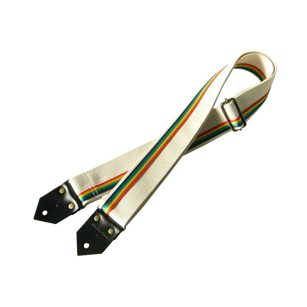 Spice Note ES-C5071RB/IVY レインボー アイボリー ギターストラップ企画から3年の歳月を経て完成したレインボーストラップ。メイン素材はコットン調アクリル素材。滑りやすい素材とは違い、絶妙のホールド感と操作性。バックルを含めた金属類は、高級感とステージでの反射を考慮したアンティック調。ブランドロゴは主張しすぎないようにボディエンド側のストラップエンドに型押し加工されています。幅：50mm長さ：全長850〜1510mm（ストラップホール間で計測）カラー：アイボリー/レインボー