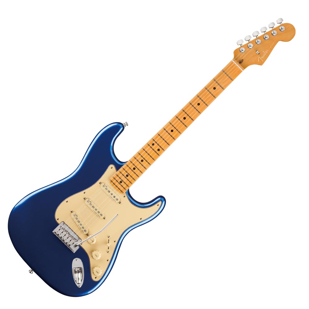 Fender American Ultra Stratocaster MN COB エレキギターフェンダーのUSA製ラインナップの新しいフラッグシップとなるUltraシリーズは、卓越したプレイヤー向けのハイエンドスペックを満載しています。ミディアムジャンボフレットを装備した10〜14インチのコンパウンドラジアス指板をフィーチャーした独自Modern Dシェイプネックは、丁寧なエッジのロールオフ加工が施され、ボディとネックヒール部には新たなコンター加工を採用。まるで体の一部に溶け込むような快適な弾き心地を実現しています。Stratocasterモデルには新開発のUltra Noiseless Vintage Stratシングルコイルピックアップを3基搭載し、高出力でありながら透明感のある、広いダイナミックレンジを確保したサウンドが得られます。S-1スイッチでネックピックアップを常時ONにでき、より幅広いサウンドメイキングに対応します。【Spec】Country Of Origin：USボディ：Alderボディフィニッシュ：Gloss Polyurethaneボディシェイプ：Stratocasterネック：Mapleネックフィニッシュ：Satin Urethane with Gloss Urethane Headstock Faceネックシェイプ：Modern "D"スケール：25.5" (648 mm)フィンガーボード：Mapleフィンガーボードラジアス：10" to 14" Compound Radius (254 mm to 355.6 mm)フレットナンバー：22Frets Size：Medium Jumboナット：Boneナット幅：1.685" (42.8 mm)ポジションインレイ：Black Pearloid Dotsトラスロッド：Bi-Flexブリッジピックアップ：Ultra Noiseless Vintage Stratミドルピックアップ：Ultra Noiseless Vintage Stratネックピックアップ：Ultra Noiseless Vintage Stratコントロール：Master Volume (with S-1 Switch), Tone 1. (Neck/Middle Pickups), Tone 2. (Bridge Pickup)ピックアップスイッチ：5-Position Blade: Position 1. Bridge Pickup Position 2. Bridge and Middle Pickup Position 3. Middle Pickup Position 4. Middle and Neck Pickup Position 5. Neck Pickupピックアップコンフィギュレーション：SSSブリッジ：2-Point Deluxe Synchronized Tremolo with Pop-In Armハードウェアフィニッシュ：Nickel/Chromeチューニングマシーン：Deluxe Cast/Sealed Lockingピックガード：3-Ply Aged Whiteコントロールノブ：Aged White Soft Touch Knobsカラー：Cobra Blue