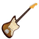 Fender American Ultra Jazzmaster RW MBST エレキギターフェンダーのUSA製ラインナップの新しいフラッグシップとなるUltraシリーズは、卓越したプレイヤー向けのハイエンドスペックを満載しています。ミディアムジャンボフレットを装備した10〜14インチのコンパウンドラジアス指板をフィーチャーした独自Modern Dシェイプネックは、丁寧なエッジのロールオフ加工が施され、ボディとネックヒール部には新たなコンター加工を採用。まるで体の一部に溶け込むような快適な弾き心地を実現しています。Jazzmasterモデルには新開発のUltra Noiseless Vintage Jazzmasterピックアップを2基搭載し、高出力でありながら透明感のある、広いダイナミックレンジを確保したサウンドが得られます。S-1スイッチでピックアップをパラレルモードに切り替えられます。【Spec】Country Of Origin：USボディ：Alderボディフィニッシュ：Gloss Polyurethaneボディシェイプ：Jazzmasterネック：Mapleネックフィニッシュ：Satin Urethane with Gloss Urethane Headstock Faceネックシェイプ：Modern "D"スケール：25.5" (648 mm)フィンガーボード：Rosewoodフィンガーボードラジアス：10" to 14" Compound Radius (254 mm to 355.6 mm)フレットナンバー：21Frets Size：Medium Jumboナット：Boneナット幅：1.685" (42.8 mm)ポジションインレイ：White Pearloid Dotトラスロッド：Bi-Flexブリッジピックアップ：Ultra Noiseless Vintage Jazzmasterネックピックアップ：Ultra Noiseless Vintage Jazzmasterコントロール：Master Volume (S1(TM) Switch), Tone 1 (Neck Pickup), Tone 2 (Bridge Pickup), Slide Switch, Volume 1 (Neck Pickup), Volume 2 (Bridge Pickup)ピックアップスイッチ：3-Way Toggle, Slide Switchピックアップコンフィギュレーション：SSブリッジ：American Professional Jazzmasterハードウェアフィニッシュ：Nickel/Chromeチューニングマシーン：Deluxe Cast/Sealed Locking (all short posts)ピックガード：3-Ply Mint Greenコントロールノブ：Knurled Flat-Topカラー：Mocha Burst