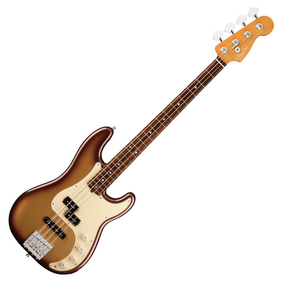 Fender American Ultra Precision Bass RW MBST エレキベースフェンダーのUSA製ラインナップの新しいフラッグシップとなるUltraシリーズは、卓越したプレイヤー向けのハイエンドスペックを満載しています。ミディアムジャンボフレットを装備した10〜14インチのコンパウンドラジアス指板をフィーチャーした独自Modern Dシェイプネックは、丁寧なエッジのロールオフ加工が施され、ボディとネックヒール部には新たなコンター加工を採用。まるで体の一部に溶け込むような快適な弾き心地を実現しています。Precision Bassモデルには新ヴォイシングをフィーチ ャーしたプリアンプ内蔵のUltra Noiseless Vintage Jazz BassピックアップとUltra Noiseless Vintage Precision BassピックアップをPJ構成で搭載し、高出力でありながら透明感のある、広いダイナミックレンジを確保したサウンドが得られます。HiMassブリッジが豊かなサスティンとタイトなボトムを実現します。【Spec】ボディ：Alderボディフィニッシュ：Gloss Polyurethaneボディシェイプ：Precision Bassネック：Mapleネックフィニッシュ：Satin Urethane with Gloss Urethane Headstock Faceネックシェイプ：Modern "D"スケール：34" (86.36 cm)フィンガーボード：Rosewoodフィンガーボードラジアス：10" to 14" Compound Radius (254 mm to 355.6 mm)フレットナンバー：21Frets Size：Medium Jumboナット：Boneナット幅：1.625" (41.3 mm)ポジションインレイ：White Pearloid Dot - 7mmトラスロッド：Bi-Flexブリッジピックアップ：Ultra Noiseless Vintage Jazz Bassネックピックアップ：Ultra Precision Bassコントロール：Master Volume, Pan Pot (Pickup Selector), Treble Boost/Cut, Midrange Boost/Cut, Bass Boost/Cut, Passive Tone, Active/Passive Mini Toggleピックアップスイッチ：Noneピックアップコンフィギュレーション：PJブリッジ：4-Saddle HiMass (Toploaded)ハードウェアフィニッシュ：Nickel/Chromeチューニングマシーン：Fender "F" Light-Weight Vintage-Paddle Keys with Tapered Shaftsピックガード：3-Ply Mint Greenコントロールノブ：Knurled Flat-Topカラー：Mocha Burst