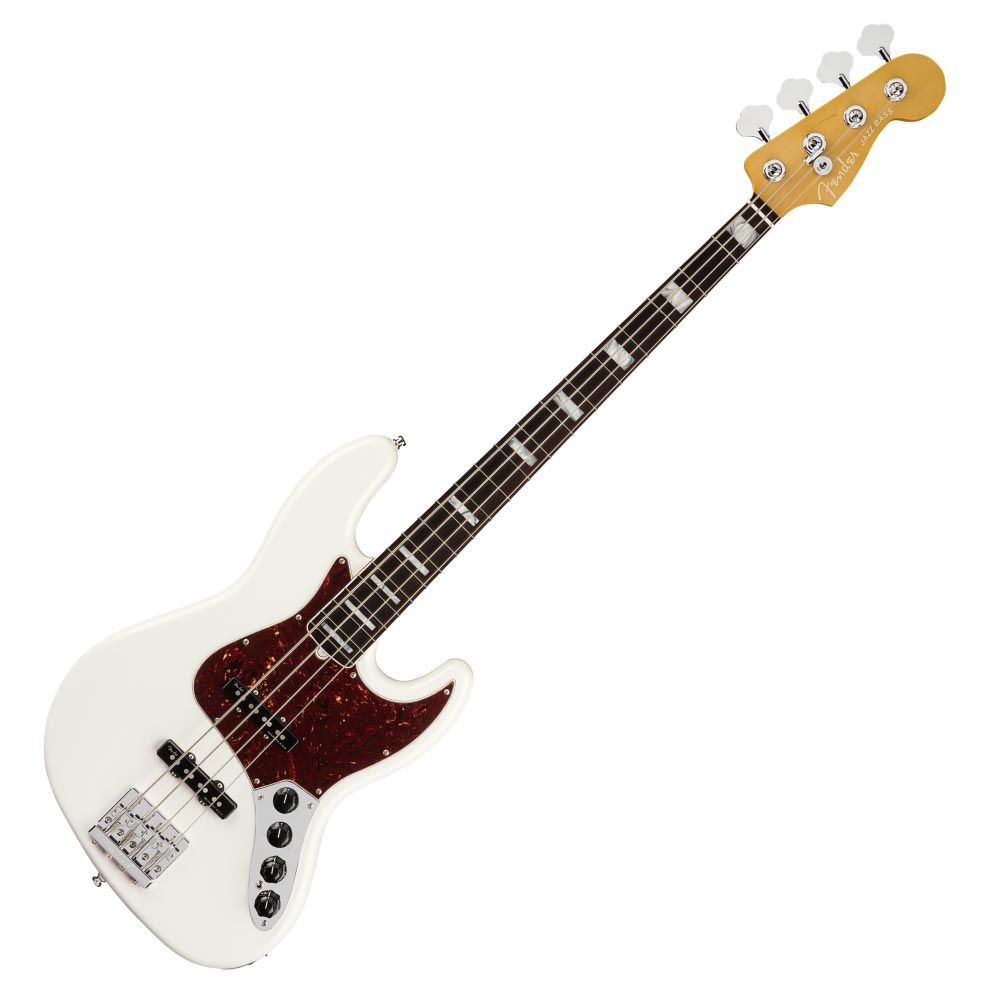 Fender American Ultra Jazz Bass RW APL エレキベースフェンダーのUSA製ラインナップの新しいフラッグシップとなるUltraシリーズは、卓越したプレイヤー向けのハイエンドスペックを満載しています。ミディアムジャンボフレットを装備した10〜14インチのコンパウンドラジアス指板をフィーチャーした独自Modern Dシェイプネックは、丁寧なエッジのロールオフ加工が施され、ボディとネックヒール部には新たなコンター加工を採用。まるで体の一部に溶け込むような快適な弾き心地を実現しています。Jazz Bassモデルには新ヴォイシングをフィーチャーしたプリアンプ内蔵のUltra Noiseless Vintage Jazz Bassピックアップを搭載し、高出力でありながら透明感のある、広いダイナミックレンジを確保したサウンドが得られます。HiMassブリッジが豊かなサスティンとタイトなボトムを実現します。【Spec】Country Of Origin：USボディ：Alderボディフィニッシュ：Gloss Polyurethaneボディシェイプ：Jazz Bassネック：Mapleネックフィニッシュ：Satin Urethane with Gloss Urethane Headstock Faceネックシェイプ：Modern "D"スケール：34" (86.36 cm)フィンガーボード：Rosewoodフィンガーボードラジアス：10" to 14" Compound Radius (254 mm to 355.6 mm)フレットナンバー：21Frets Size：Medium Jumboナット：Boneナット幅：1.5" (38.1 mm)ポジションインレイ：White Pearloid Blockトラスロッド：Bi-Flexブリッジピックアップ：Ultra Noiseless Vintage Jazz Bassネックピックアップ：Ultra Noiseless Vintage Jazz Bassコントロール：Master Volume, Pan Pot (Pickup Selector), Treble Boost/Cut, Midrange Boost/Cut, Bass Boost/Cut, Passive Tone, Active/Passive Mini Toggleピックアップスイッチ：Noneピックアップコンフィギュレーション：SSブリッジ：4-Saddle HiMass (Toploaded)ハードウェアフィニッシュ：Nickel/Chromeチューニングマシーン：Fender "F" Light-Weight Vintage-Paddle Keys with Tapered Shaftsピックガード：3-Ply Mint Greenコントロールノブ：Vintage Style Black Plastic Jazz Bassカラー：Arctic Pearl