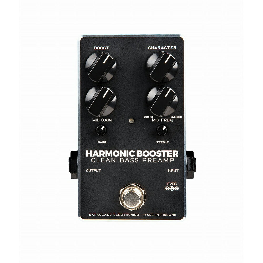 Darkglass Electronics Harmonic Booster 2.0 クリーンブースター ベースエフェクターDarkglass の原点であったHarmonic Booster が復刻Darkglass のディストーション回路をデザインする過程で育まれた、倍音のコントロール技術とフィルタリング技術を応用したブースターにフレキシブルなイコライザーを搭載。強力なトーンシェイピングを可能とします。Character コントロールを使用しフラットな特性からアグレッシブでパーカッシブなサウンドまで一般的なクリーンブースターでは得ることのできないサウンドを提供いたします。【Controls】・Boost：+-20dB の範囲で全体のボリュームをコントロール。・Character：Darkglass 独自のフィルタリング/ 倍音コントロール技術を採用したトーンシェイピング回路により、時計回りに回すにつれてよりアグレッシブでパーカッシブなサウンドになります。・Mid Gain：MiD Frequency で選択した中音域を+-20dB の範囲でカット/ ブースト。・Mid Frequency：250Hz~2.5kHz の範囲で周波数を選択。・Bass：80Hz 以下の周波数を+-20dB の範囲でカット/ ブースト。・Treble：5kHz 以上の周波数を+-20dB の範囲でカット/ ブースト。サイズ：64mm x 111mm x 43mm重量：250g