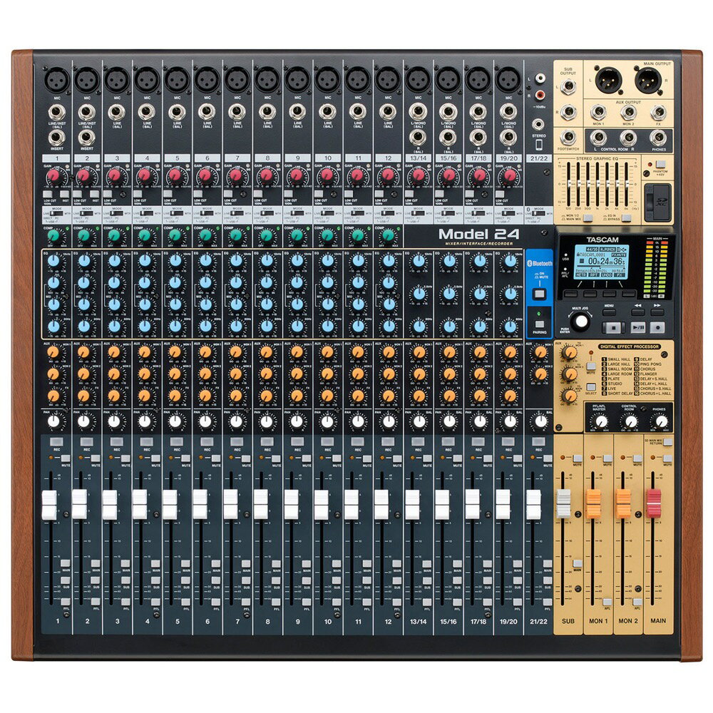 TASCAM Model 24 レコーディングミキサー新時代のレコーディングソリューション、24トラックライブレコーディングミキサーデジタルレコーディング規格DTRS搭載のデジタル8トラックレコーダー『DA-88』やポータブル型マルチトラックレコーダーPORTASTUDIOシリーズなど、革新的な製品で常に先進的なレコーディングソリューションを提供してきたTASCAMが、この度、長年培ってきた高度な録音技術と最新のオーディオ技術を融合させ、24トラックライブレコーディングミキサー『Model 24』を開発いたしました。 『Model 24』は、マルチトラックレコーダー、ミキサー、オーディオインターフェースとして、ライブ、リハーサル、レコーディング等のあらゆる場面で柔軟に対応し、今日のミュージシャンやエンジニアなどの多様なニーズを満たす新たなレコーディングソリューションです。