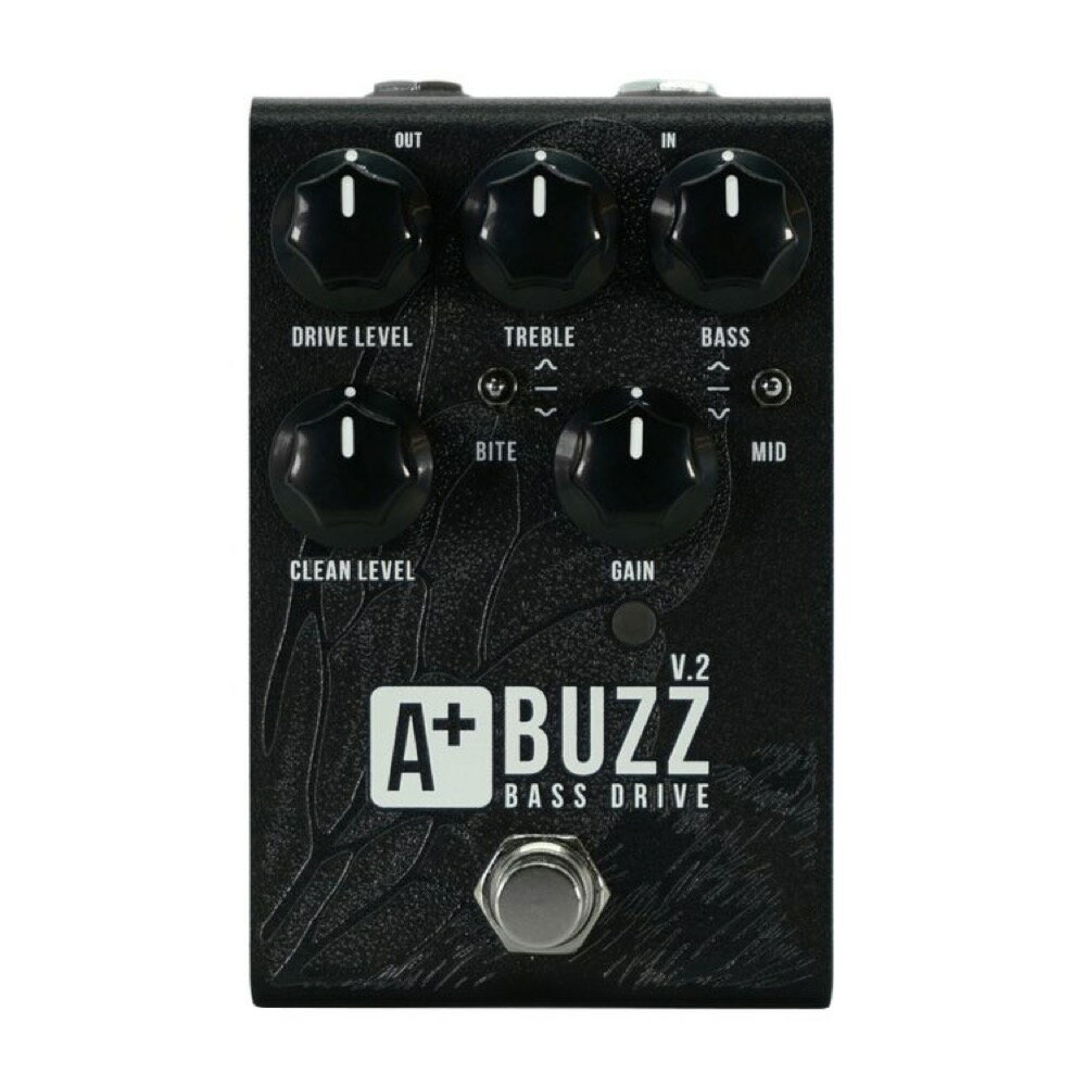 Shift Line Buzz V2 ベース用エフェクターベースの音色と歪みは密接に関係します。これはShift Lineの信念です。ベースのためだけに制作されたオーバードライブ、それがShift Line Buzz V2です。強力なトーン、優れたダイナミックレスポンス、広く設定できるスウィートスポット、そしてシンプルなコントロール。歪みとクリーンのボリュームを個別に調整でき、新たなEQセクションを搭載しました。●特徴・クリーンからディストーションまで、優れたレスポンス・Bass、Trebleコントロールによる低域と高域を調整・Mid、Biteスイッチによるローミッド、ハイミッドの調整・クリーントーンのブーストも可能なドライ/ウェット個別ボリュームコントロール・扱いやすくシンプルな操作性・フルアナログシグナル回路・レーザー刻印によるグラフィックが美しいコンパクトなアルミニウム筐体・ペダルボードに設置しやすいトップマウントジャック●コントロール・Drive Level：歪みの音量を調整します。最小にすると歪みをカットできます。・Clean Level：クリーントーン（ドライ）の音量を調整します。最大+12dBまでのブーストも可能です。最小にするとクリーンをカットします。・Gain：歪みの強さを調整します。・Bass：70Hz、±10dBのシェルビングEQで、歪みの低域を調整します。・Treble：10kHz、±10dBのシェルビングEQで歪みの高域を調整します。・Midスイッチ：歪みの信号を650Hzを中心に切り替えます。上ポジションで+5dB、中央で0dB、下ポジションで-12dBとなります。歪みの特性をヴィンテージから♭、モダンで切り替えます。特定の周波数帯をカットし、広い範囲をブーストすることでモダントーンとなります。・Biteスイッチ：歪みの信号を2.9kHzを中心に切り替えます。上ポジションで+6dB、中央で0dB、下ポジションで-6dBとなります。歪みの高域を調整し、存在感を変えることができます。・BYPASSスイッチ：エフェクトのON/OFFを切り替えます。●Buzz V2Buzz V2は世界中のベーシストが使用したオーバードライブ、Buzzの改良版です。様々なジャンル、スタイルのベースサウンドを作ります。Buzz V2はリレータイプのトゥルーバイパス回路です。EQセクションの改良により、ラインアウトでも使うことができるようになりました。Gainを高くすると歪みが強くなりますが、歪みの強さは楽器の出力により異なります。低出力のベースではGainノブはクリーンからはじまり、高出力ベースではより高いゲインで推移します。楽器側のボリュームノブでゲインレンジを調整することもできます。Clean Levelノブはクリーントーンを最大+12dBまでブーストできるので、シンプルなブースターとして使うこともできます。●スペックインプット：モノラルアンバランスドフォンジャックインプットインピーダンス：1MΩアウトプット：モノラルアンバランスドフォンジャックアウトプットインピーダンス：100Ωサイズ：110 x 67 x 56 mm●電源Buzz V2はスタンダードなセンターマイナスDC9Vアダプターで動作します。消費電流は60mAです。電池はご使用になれません。