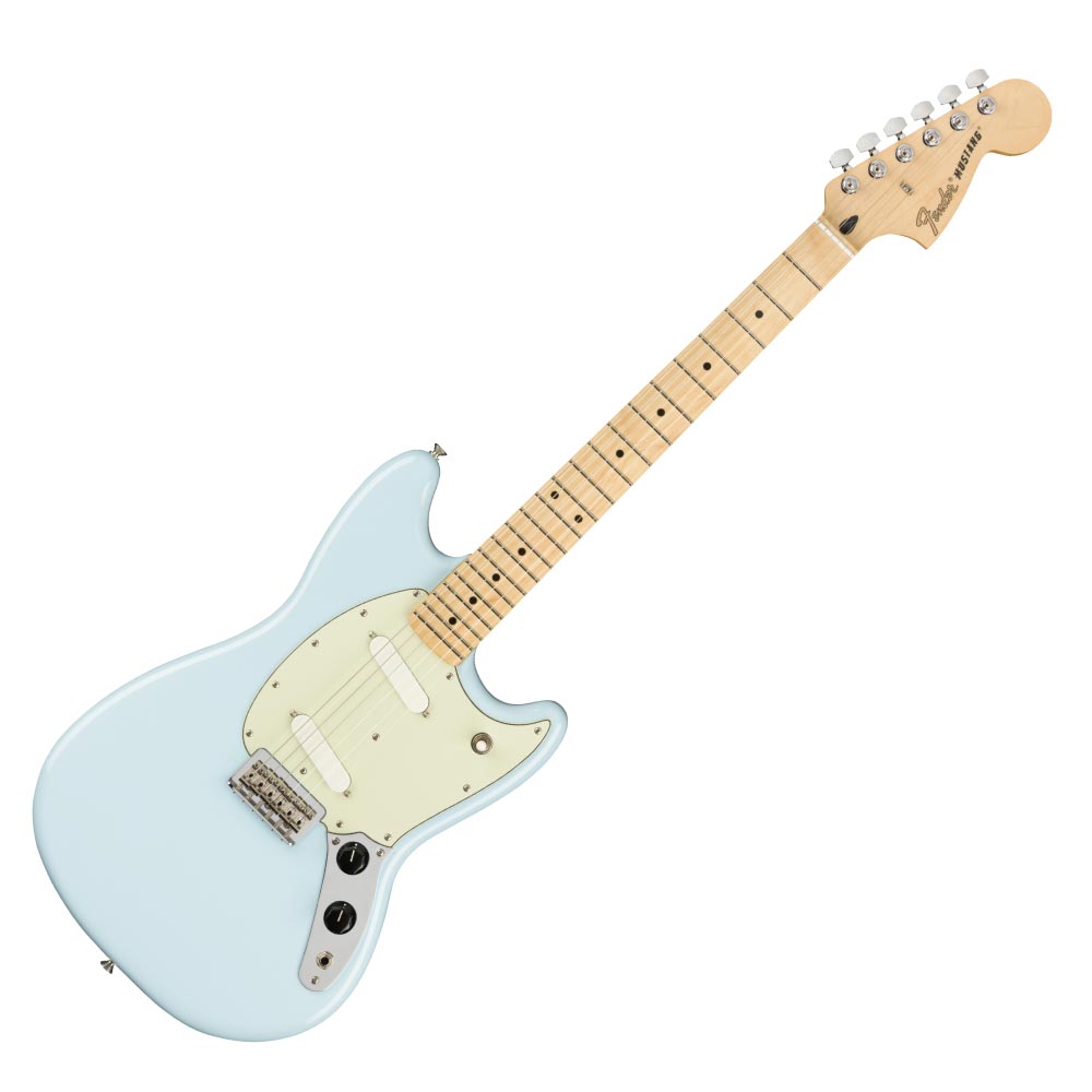 Fender Player Mustang MN SNB エレキギター1964年以降、NirvanaからThe 1975に至るまでトレンドをリードするプレイヤー達の手によって、Mustangモデルはフェンダーサウンドとフェンダースタイルをステージやスタジオに届けてきました。リニューアルされてパフォーマンス重視の特徴が加わったMustangは、一晩中でも弾いていられるほど非常に快適なショートスケールに近代的なエレクトロニクスを備えたクラシックなスタイルを誇ります。シングルコイル2基は、一つ一つの音とコードの鳴りに伝統的なフェンダートーンを奏でます。これら低出力のピックアップは、ベルのような高音域ハーモニクス、パンチの効いた中音域、厚みのある低音域をバランスよく備えた音を出し、ミキサーを通しても失われません。マスターボリュームとトーンコントロールは3ウェイピックアップスイッチと共に音を作り出します。22本のミディアムジャンボフレットを装備した9.5インチラジアスのメイプル指板に、Cシェイプのメイプルネックは、あらゆる演奏スタイルに適しており、小さめの手のプレイヤーやコードを拡張して用いるプレイヤーにとって理想的です。6サドルストリングスルーボディのハードテイルStratブリッジによりサスティーンが向上します。コンパクトサイズのボディはエネルギッシュなステージパフォーマンスに最適であり、小柄な人々にとって理想的であるとともに、人間工学に基づく洗練されたデザインを有しています。熱狂的人気を誇るMustangは、スチューデントモデルを原点にグランジやモダン・オルタナティヴ・ロックの礎を築くアンダーグラウンドの覇者にまで進化を遂げました。【SPECIFICATIONS】Country Of Origin：MXボディ：Alderボディフィニッシュ：Gloss Polyesterボディシェイプ：Mustangネック：Mapleネックフィニッシュ：Gloss Polyesterネックシェイプ："C" Shapeスケール：24" (610 mm)フィンガーボード：Mapleフィンガーボードラジアス：9.5" (241 mm)フレットナンバー：22Frets Size：Medium Jumboナット：Synthetic Boneナット幅：1.650" (42 mm)ポジションインレイ：Black Dotトラスロッド：Standardトラスロッドレンチ：3/16" Hex (Allen)ブリッジピックアップ：Mustang Single-Coilネックピックアップ：Mustang Single-Coilコントロール：Master Volume, Master Toneピックアップスイッチ：3-Position Toggle: Position 1. Bridge Pickup, Position 2. Bridge And Neck Pickups, Position 3. Neck Pickupピックアップコンフィギュレーション：SSブリッジ：6-Saddle Strings-Through-Body Strat Hardtail with Bent Steel Saddlesハードウェアフィニッシュ：Nickel/Chromeチューニングマシーン：Standard Cast/Sealedピックガード：3-Ply Mint Greenコントロールノブ：Black Plasticカラー：Sonic Blue