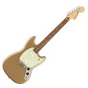 Fender Player Mustang PF FMG エレキギター1964年以降、NirvanaからThe 1975に至るまでトレンドをリードするプレイヤー達の手によって、Mustangモデルはフェンダーサウンドとフェンダースタイルをステージやスタジオに届けてきました。リニューアルされてパフォーマンス重視の特徴が加わったMustangは、一晩中でも弾いていられるほど非常に快適なショートスケールに近代的なエレクトロニクスを備えたクラシックなスタイルを誇ります。シングルコイル2基は、一つ一つの音とコードの鳴りに伝統的なフェンダートーンを奏でます。これら低出力のピックアップは、ベルのような高音域ハーモニクス、パンチの効いた中音域、厚みのある低音域をバランスよく備えた音を出し、ミキサーを通しても失われません。マスターボリュームとトーンコントロールは3ウェイピックアップスイッチと共に音を作り出します。22本のミディアムジャンボフレットを装備した9.5インチラジアスのメイプル指板に、Cシェイプのメイプルネックは、あらゆる演奏スタイルに適しており、小さめの手のプレイヤーやコードを拡張して用いるプレイヤーにとって理想的です。6サドルストリングスルーボディのハードテイルStratブリッジによりサスティーンが向上します。コンパクトサイズのボディはエネルギッシュなステージパフォーマンスに最適であり、小柄な人々にとって理想的であるとともに、人間工学に基づく洗練されたデザインを有しています。熱狂的人気を誇るMustangは、スチューデントモデルを原点にグランジやモダン・オルタナティヴ・ロックの礎を築くアンダーグラウンドの覇者にまで進化を遂げました。【SPECIFICATIONS】Country Of Origin：MXボディ：Alderボディフィニッシュ：Gloss Polyesterボディシェイプ：Mustangネック：Mapleネックフィニッシュ：Satin Urethaneネックシェイプ："C" Shapeスケール：24" (610 mm)フィンガーボード：Pau Ferroフィンガーボードラジアス：9.5" (241 mm)フレットナンバー：22Frets Size：Medium Jumboナット：Synthetic Boneナット幅：1.650" (42 mm)ポジションインレイ：White Dotトラスロッド：Standardトラスロッドレンチ：3/16" Hex (Allen)ブリッジピックアップ：Mustang Single-Coilネックピックアップ：Mustang Single-Coilコントロール：Master Volume, Master Toneピックアップスイッチ：3-Position Toggle: Position 1. Bridge Pickup, Position 2. Bridge And Neck Pickups, Position 3. Neck Pickupピックアップコンフィギュレーション：SSブリッジ：6-Saddle Strings-Through-Body Strat Hardtail with Bent Steel Saddlesハードウェアフィニッシュ：Nickel/Chromeチューニングマシーン：Standard Cast/Sealedピックガード：3-Ply Mint Greenコントロールノブ：Knurled Flat-Topカラー：Firemist Gold