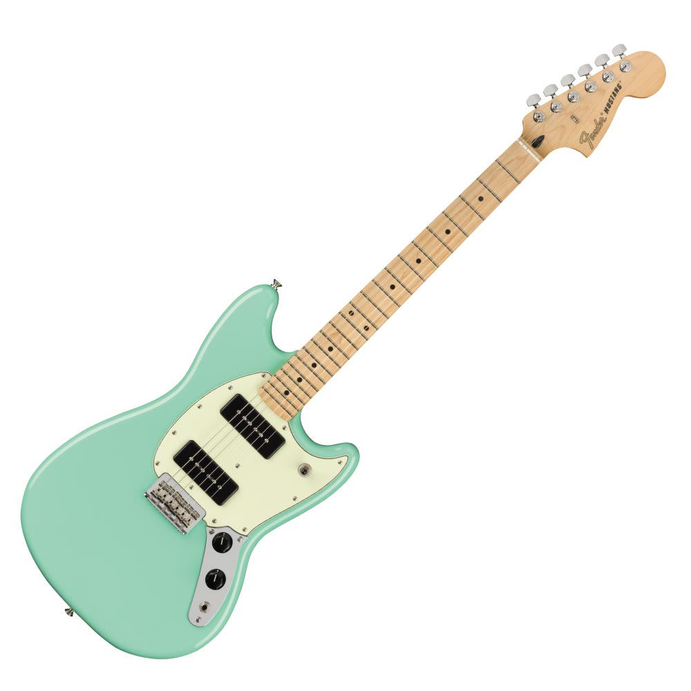 Fender Player Mustang 90 MN SFMG エレキギター反骨精神を糧とするガレージロックなどのアグレッシブなスタイルに最適なMustang 90は、ユニークな美しさと骨太なフェンダーサウンドが特徴で、他と異なるアティチュードを追い求めるプレイヤーのための熱い楽器です。2基のMustang MP-90ピックアップは、絡み合うような中音域とパンチの効いたローエンドが伝統的なMustangサウンドに新しい命を吹き込みます。マスターボリュームとトーンコントロール、そして3ウェイピックアップスイッチにより、多彩なサウンドを実現します。9.5インチラジアスのメイプル指板に22本のミディアムジャンボフレット、Cシェイプのメイプルネックは、あらゆる演奏スタイルに適しています。6サドル式のストリングスルーボディのハードテイルStratブリッジによりサスティーンが向上するとともに、ベントスチールのサドルによって歯切れの良いサウンドを提供します。24インチスケールは小さめの手のプレイヤーにとって理想的であるとともに、このギターが持つ音色に温かみと深みを加え、優れたプレイアビリティをもたらします。コンパクトサイズのボディはフェンダーのクラシックなスタイルをアピールしつつも小柄なプレイヤーにフィットしやすく、また軽いことからエネルギッシュなステージパフォーマンスにも最適です。ボディはグロスポリエステル仕上げで保護され、ネックはポリウレタンを使ったサテン仕上げにより演奏性が飛躍的に向上しています。【SPECIFICATIONS】Country Of Origin：MXボディ：Alderボディフィニッシュ：Gloss Polyesterボディシェイプ：Mustangネック：Mapleネックフィニッシュ：Satin Urethaneネックシェイプ："C" Shapeスケール：24" (610 mm)フィンガーボード：Mapleフィンガーボードラジアス：9.5" (241 mm)フレットナンバー：22Frets Size：Medium Jumboナット：Synthetic Boneナット幅：1.650" (42 mm)ポジションインレイ：Black Dotトラスロッド：Standardブリッジピックアップ：Mustang MP-90ネックピックアップ：Mustang MP-90コントロール：Master Volume, Master Toneピックアップスイッチ：3-Position Toggle: Position 1. Bridge Pickup, Position 2. Bridge And Neck Pickups, Position 3. Neck Pickupピックアップコンフィギュレーション：SSブリッジ：6-Saddle Strings-Through-Body Strat Hardtail with Bent Steel Saddlesハードウェアフィニッシュ：Nickel/Chromeチューニングマシーン：Standard Cast/Sealedピックガード：3-Ply Mint Greenコントロールノブ：Vintage Style Black Plastic Jazz Bassコントロールノブ：Knurled Flat-Topカラー：Seafoam Green