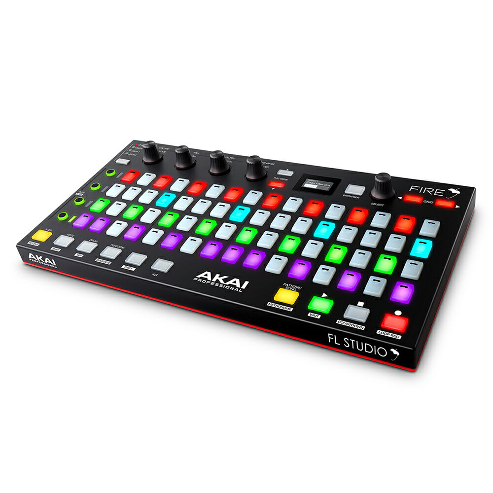 AKAI Professional FIRE Controller Only FL Studio専用ハードウェアコントローラー※本商品はソフトウェアが付属しない本体のみのパッケージです。Image-Line社と緊密に連携して作られたFireは、Akai Pro新製品 Fireは、FL Studio専用ハードウェアコントローラーです。【Fireの主な特長】FL Studioとのプラグアンドプレイに対応ステップシーケンサーでタイムラインに沿って素早くパターンを入力可能4×16マトリックスのベロシティセンシティブ対応RGBパッドパフォーマンスモードでノートを記録可能グラフィカルなOLEDディスプレイアサイン可能なタッチ・キャパシティブ・ノブ4バンクチャンネルラック、ブラウザ、ツールバー、プレイリストウィンドウを即座にナビゲート専用コントローラーを使用して、オーディオ及びプロジェクトファイルを素早くブラウジング専用トランスポートコントロールUSBバスパワー駆動【世界初のFL Studio専用コントローラー】Akai Pro新製品 Fireは、FL Studio専用ハードウェアコントローラーです。同プラットフォームとしては初となる専用の製品です。 Image-Line社と緊密に連携して作られたFireは、すべてのFL Studioユーザーのために、さらに音楽制作のワークフローを強化するために設計された高性能ツールです。【創造的なプロセスに火をつけろ】プラグアンドプレイに対応、Fireの4x16マトリックスを使用して、すばやくパターンを作成、トラックを構築することができます。また、マウスをクリックすることなく、チャンネルラック、ブラウザ、ツールバー、プレイリストメニューを瞬時に操作できます。 ステップシーケンサーにパターンを素早くインプット、またライブパフォーマンス用にパフォーマンスモードに切替えて、ベロシティ対応RGBパッドを使いながらパターンを再生できます。これらによりプレイを最大限に表現できます。さらに、専用トランスポートボタンを使用し楽曲を完全にコントロールできます。【ブラウズ】チャンネルラック、ブラウザ、ツールバー、プレイリストメニューを即座にナビゲートして、マウスをクリックせずにオーディオとプロジェクトファイルを素早くブラウザできます。グラフィカルOLEDディスプレイはブラウジングを行い、FLStudioセッション内の様々なファイル、メニュー、パラメータを簡単にコントロールします。専用のトランスポートボタンを使用すると、FL Studioの標準的な再生、ナビゲーション、録音機能を完全にコントロールすることができます。【オール・イン・ミックス】直感的なマウスレスのミキシングソリューションをFLStudioにもたらすFireは、4バンクの4タッチ・キャパシティブ・ノブを備えており、チャンネル、ミキサー、及びユーザーが割り当て可能なパラメータをコントロールします。FL Studioのミキサー内のボリュームとパンを調整して、選択したチャンネル内のフィルターコントロールを調整し、オートメーションを録音することで、クリック時間を短縮して実行時間を短縮できます。【仕様】パワー：USB 経由サイズ：1316 x 166 x 43 mm(W x D x H )重量：760g