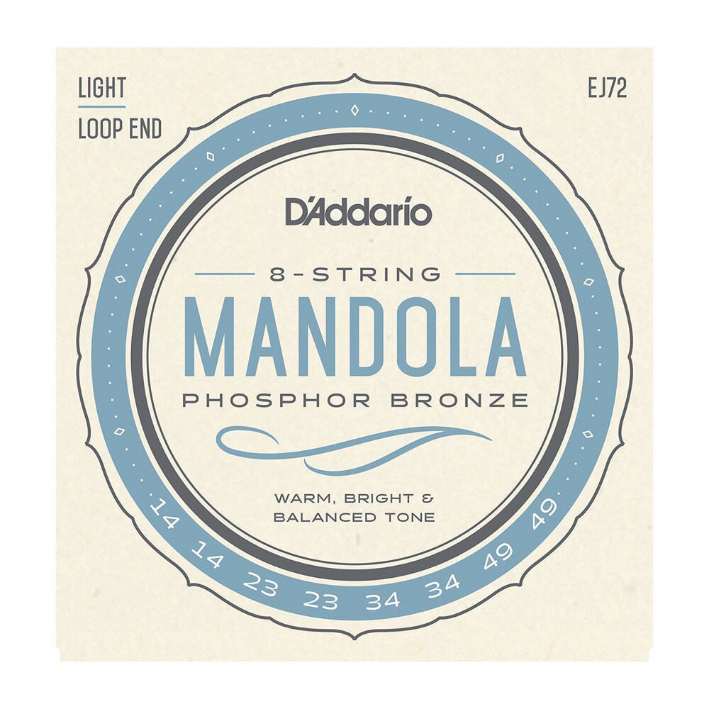D'Addario EJ72 Phosphor Bronze Mandola Strings Light 14-49 マンドラ用弦D'Addarioマンドリン・ファミリー・ストリングスは、David Grisman、Mike Marshall、Ricky Skaggs、Ronnie McCoury、Doyle Lawson等、世界のトップ・マンドリン・ プレイヤー達に愛用されています。Phosphor Bronze Mandola Strings, Light, 14-49A : .014/.014D : .023/.023G : .034/.034C : .049/.049