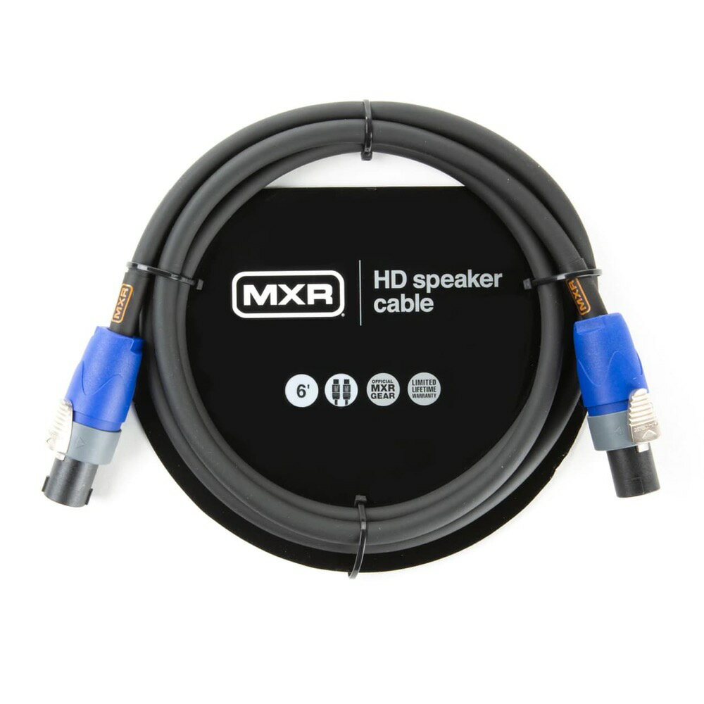 MXR DCSKHD6 6FT HD SPEAKON SPEAKER CABLE スピコン-スピコン スピーカーケーブルMXR HD SPEAKER CABLE シリーズは、製品に付けられた「HD（Hight Definition）」が示す通り、アンプヘッドで出力されたサウンドをより忠実にキャビネットへ伝える事をコンセプトとしたケーブルです。AWG14ゲージの無酸素銅（OFC:Oxygen-Free-Copper）を使用する事により、一般的なタフピッチ銅(TPC)より抵抗や歪が少なく、アンプ本来のピュアでクリアなサウンドを出力するのに長けています。ケーブルのアウター素材には特殊PVC素材を採用し、やや太くも柔らかく仕上げることにより耐久性とステージでの取り回し易さを両立。更に癖のつきにくいアウター素材は巻き取りやすく、ステージ外でもストレスなくサポートします。プラグ形状は「SPEAKON - SPEAKON」と「1/4” TS PHONE - 1/4” TS PHONE」をラインアップ。長さ：6ft(約2m)プラグ形状：SPEAKON - SPEAKON