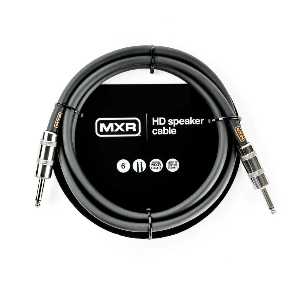 MXR DCSTHD6 HD 6FT TS SPEAKER CABLE スピーカーケーブルMXR HD SPEAKER CABLE シリーズは、製品に付けられた「HD（Hight Definition）」が示す通り、アンプヘッドで出力されたサウンドをより忠実にキャビネットへ伝える事をコンセプトとしたケーブルです。AWG14ゲージの無酸素銅（OFC:Oxygen-Free-Copper）を使用する事により、一般的なタフピッチ銅(TPC)より抵抗や歪が少なく、アンプ本来のピュアでクリアなサウンドを出力するのに長けています。ケーブルのアウター素材には特殊PVC素材を採用し、やや太くも柔らかく仕上げることにより耐久性とステージでの取り回し易さを両立。更に癖のつきにくいアウター素材は巻き取りやすく、ステージ外でもストレスなくサポートします。プラグ形状は「SPEAKON - SPEAKON」と「1/4” TS PHONE - 1/4” TS PHONE」をラインアップ。長さ：6ft(約2m)プラグ形状：1/4” TS PHONE - 1/4” TS PHONE