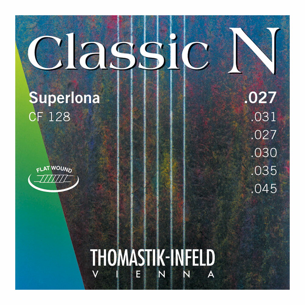 Thomastik-Infeld CF128 Classic N Series 27-45 クラシックギター弦2種類のベース（E,A,D）スタイルからお好みのサウンドを選べる耐久性のあるナイロン弦、それがClassic Nシリーズです。ひとつは銅に銀のメッキを施したラウンドワウンド弦（CR127）、またはクロームスティールのフラットワウンド弦です。Classic Nシリーズは非常に演奏し易い弦であり、初心者や練習用の弦としてお勧めです。1st E Plain Nylon .0272nd B Plain Nylon .0313rd G Chrime Steel Flat Wound .0274th D Chrime Steel Flat Wound .0305th A Chrime Steel Flat Wound .0356th E Chrime Steel Flat Wound .045