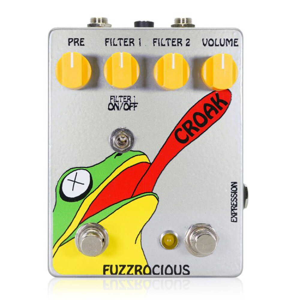 Fuzzrocious Pedals CROAK ファズペダルFuzzrocious Pedals CROAKは、高く豊かな表現力のダブルフィルターファズペダルです。2つのフィルターを組み合わせ、ファズを融合して多彩なサウンドを生み出します。さらにエクスプレッションペダルを使用することでより高い表現を実現します。●コントロールPRE：フィルターをプッシュするファズのレベルを調整します。高く設定するとフィルターは素早く開きます。FILTER1：最初のフィルターのスウィープを調整します。ON/OFFスイッチでフィルター1をスルーさせることもできます。FILTER1 ON/OFF：フィルター1をスルーすることができます。FILTER2：2段目のエンベロープフィルターのスウィープを調整します。高く設定するとフィルターの母音やサウンドが変わっていきます。VOLUME：音量を調整します。フットスイッチ（右）：エフェクトON/OFFを切替えます。フットスイッチ（左）押している間だけ効くモメンタリスイッチです。押している間、フィルター2の周波数範囲が素早く変化します。エクスプレッションペダル：エクスプレッションペダルを使うと、フィルターをプッシュするファズのレベルを調整できます。これによりワウペダルのように操作することができるようになります。CROAKはスタンダードなセンターマイナスDC9Vアダプターで駆動します。電池はお使いになれません。種類：ファズアダプター：9Vセンターマイナス電池駆動：-コントロール：PRE、FILTER1、FILTER2、VOLUME、FILTER1 ON/OFF