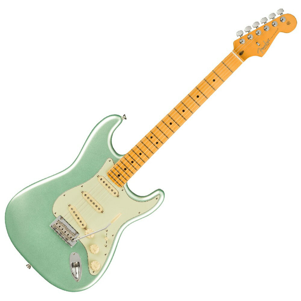 Fender American Professional II Stratocaster MN MYST SFG エレキギターAmerican Professional II Stratocasterは、60年以上に渡る革新、インスピレーション、進化を経て、現代のプレイヤーの要求に応えます。高い人気を誇るDeep Cシェイプネックは、丁寧にエッジがロールオフされ、至高の演奏体験を約束する"Super-Natural"サテン仕上げが施されています。また新たに設計されたネックヒールを採用し、快適なフィーリングとハイポジションへの容易なアクセスを実現しました。新しいV-Mod II Stratocaster Single-Coilピックアップは、ベルのような輝きとウォームさを両立し、これまで以上に繊細で魅力的なサウンドを実現しています。コールドロールド（冷間圧延成型式）スチールブロックを採用した2点支持トレモロは、サスティン、明瞭度、ハイエンドの煌びやかさを向上させています。American Professional II Stratocasterの手に馴染む感覚とサウンドの多様性は、手に取り、耳にした瞬間、すぐにお分かりいただけることでしょう。プロの楽器の新たなスタンダードとなるような幅広い改良が、American Professional IIシリーズには詰め込まれています。【スペック】モデルネーム：American Professional II Stratocaster, Maple Fingerboard, Mystic Surf Greenモデル番号：113902718原産国：USカラー：Mystic Surf Greenボディ：Alderボディフィニッシュ：Gloss Urethaneボディシェイプ：Stratocasterネック：Mapleネックフィニッシュ：“Super-Natural” Satin Urethane Finish on Back of Neck with Gloss Urethane Headstock Faceネックシェイプ：Deep "C"スケール：25.5" (648 mm)フィンガーボード：Mapleフィンガーボードラジアス：9.5" (241 mm)フレット数：22Frets Size：Narrow Tallナット：Boneナット幅：1.685" (42.8 mm)ポジションインレイ：Black Dotブリッジピックアップ：V-Mod II Single-Coil Stratミドルピックアップ：V-Mod II Single-Coil Stratネックピックアップ：V-Mod II Single-Coil Stratコントロール：Master Volume, Tone 1. (Neck/Middle Pickups), Tone 2. (Bridge Pickup)ピックアップスイッチ：5-Position Blade: Position 1. Bridge Pickup Position 2. Bridge and Middle Pickup Position 3. Middle Pickup Position 4. Middle and Neck Pickup Position 5. Neck Pickupピックアップコンフィギュレーション：SSSブリッジ：2-Point Synchronized Tremolo with Bent Steel Saddles, Pop-In Tremolo Arm and Cold-Rolled Steel Blockハードウェアフィニッシュ：Nickel/Chromeチューニングマシーン：Fender Standard Cast/Sealed Staggeredピックガード：3-Ply Mint Greenコントロールノブ：Aged White Plasticストリング：Fender USA 250L Nickel Plated Steel (.009-.042 Gauges), PN 0730250403