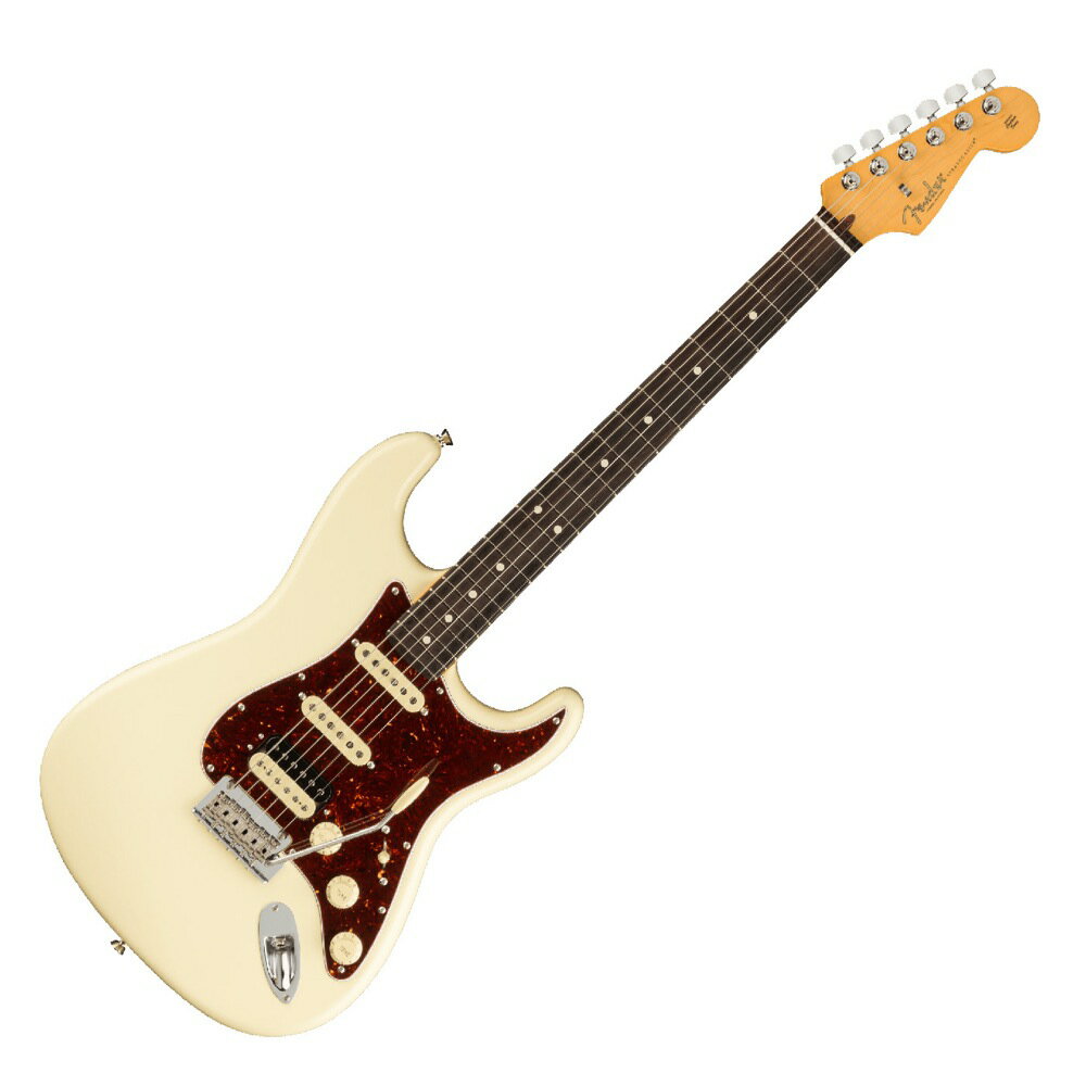 Fender American Professional II Stratocaster HSS RW OWT エレキギターAmerican Professional II Stratocaster HSSは、60年以上に渡る革新、インスピレーション、進化を経て、現代のプレイヤーの要求に応えます。高い人気を誇るDeep Cシェイプネックは、丁寧にエッジがロールオフされ、至高の演奏体験を約束する"Super-Natural"サテン仕上げが施されています。また新たに設計されたネックヒールを採用し、快適なフィーリングとハイポジションへの容易なアクセスを実現しました。新しいV-Mod II Stratocaster Single-Coilピックアップは、ベルのような輝きとウォームさを両立し、これまで以上に繊細で魅力的なサウンドを実現しています。Double Tapブリッジピックアップはパンチのあるトーンと、Push-Push式コントロールによりバランスの取れたシングルコイルトーンに瞬時に切り替え可能です。コールドロールド（冷間圧延成型式）スチールブロックを採用した2点支持トレモロは、サスティン、明瞭度、ハイエンドの煌びやかさを向上させています。American Professional II Stratocaster HSSの手に馴染む感覚とサウンドの多様性は、手に取り、耳にした瞬間、すぐにお分かりいただけることでしょう。プロの楽器の新たなスタンダードとなるような幅広い改良が、American Professional IIシリーズには詰め込まれています。【スペック】モデルネーム：American Professional II Stratocaster HSS, Rosewood Fingerboard, Olympic Whiteモデル番号：113910705原産国：USカラー：Olympic Whiteボディ：Alderボディフィニッシュ：Gloss Urethaneボディシェイプ：Stratocasterネック：Mapleネックフィニッシュ：“Super-Natural” Satin Urethane Finish on Back of Neck with Gloss Urethane Headstock Faceネックシェイプ：Deep "C"スケール：25.5" (648 mm)フィンガーボード：Rosewoodフィンガーボードラジアス：9.5" (241 mm)フレット数：22Frets Size：Narrow Tallナット：Boneナット幅：1.685" (42.8 mm)ポジションインレイ：White Dotブリッジピックアップ：V-Mod II Double Tap Humbuckingミドルピックアップ：V-Mod II Single-Coil Stratネックピックアップ：V-Mod Single-Coil Stratコントロール：Master Volume, Tone 1. (Neck/Middle Pickups), Tone 2. (Bridge Pickup)ピックアップスイッチ：5-Position Blade: Position 1. Bridge Pickup Position 2. Bridge and Middle Pickup Position 3. Middle Pickup Position 4. Middle and Neck Pickup Position 5. Neck Pickupピックアップコンフィギュレーション：HSSブリッジ：2-Point Synchronized Tremolo with Bent Steel Saddles, Pop-In Tremolo Arm and Cold-Rolled Steel Blockハードウェアフィニッシュ：Nickel/Chromeチューニングマシーン：Fender Standard Cast/Sealed Staggeredピックガード：4-Ply Tortoiseshell (ベッコウ柄)コントロールノブ：Aged White Plasticストリング：Fender USA 250L Nickel Plated Steel (.009-.042 Gauges), PN 0730250403