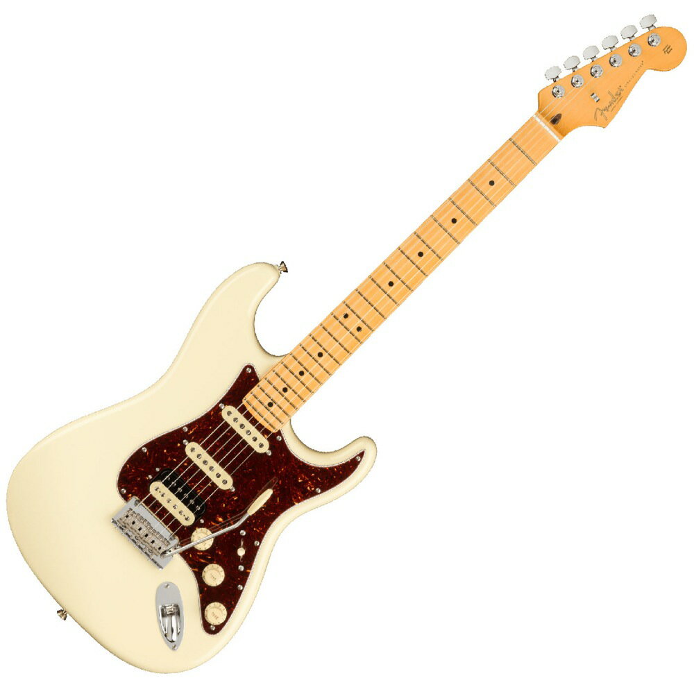 Fender American Professional II Stratocaster HSS MN OWT エレキギターAmerican Professional II Stratocaster HSSは、60年以上に渡る革新、インスピレーション、進化を経て、現代のプレイヤーの要求に応えます。高い人気を誇るDeep Cシェイプネックは、丁寧にエッジがロールオフされ、至高の演奏体験を約束する"Super-Natural"サテン仕上げが施されています。また新たに設計されたネックヒールを採用し、快適なフィーリングとハイポジションへの容易なアクセスを実現しました。新しいV-Mod II Stratocaster Single-Coilピックアップは、ベルのような輝きとウォームさを両立し、これまで以上に繊細で魅力的なサウンドを実現しています。Double Tapブリッジピックアップはパンチのあるトーンと、Push-Push式コントロールによりバランスの取れたシングルコイルトーンに瞬時に切り替え可能です。コールドロールド（冷間圧延成型式）スチールブロックを採用した2点支持トレモロは、サスティン、明瞭度、ハイエンドの煌びやかさを向上させています。American Professional II Stratocaster HSSの手に馴染む感覚とサウンドの多様性は、手に取り、耳にした瞬間、すぐにお分かりいただけることでしょう。プロの楽器の新たなスタンダードとなるような幅広い改良が、American Professional IIシリーズには詰め込まれています。【スペック】モデルネーム：American Professional II Stratocaster HSS, Maple Fingerboard, Olympic Whiteモデル番号：113912705原産国：USカラー：Olympic Whiteボディ：Alderボディフィニッシュ：Gloss Urethaneボディシェイプ：Stratocasterネック：Mapleネックフィニッシュ：“Super-Natural” Satin Urethane Finish on Back of Neck with Gloss Urethane Headstock Faceネックシェイプ：Deep "C"スケール：25.5" (648 mm)フィンガーボード：Mapleフィンガーボードラジアス：9.5" (241 mm)フレット数：22Frets Size：Narrow Tallナット：Boneナット幅：1.685" (42.8 mm)ポジションインレイ：Black Dotブリッジピックアップ：V-Mod II Double Tap Humbuckingミドルピックアップ：V-Mod II Single-Coil Stratネックピックアップ：V-Mod Single-Coil Stratコントロール：Master Volume, Tone 1. (Neck/Middle Pickups), Tone 2. (Bridge Pickup)ピックアップスイッチ：5-Position Blade: Position 1. Bridge Pickup Position 2. Bridge and Middle Pickup Position 3. Middle Pickup Position 4. Middle and Neck Pickup Position 5. Neck Pickupピックアップコンフィギュレーション：HSSブリッジ：2-Point Synchronized Tremolo with Bent Steel Saddles, Pop-In Tremolo Arm and Cold-Rolled Steel Blockハードウェアフィニッシュ：Nickel/Chromeチューニングマシーン：Fender Standard Cast/Sealed Staggeredピックガード：4-Ply Tortoiseshell(べっ甲柄)コントロールノブ：Aged White Plasticストリング：Fender USA 250L Nickel Plated Steel (.009-.042 Gauges), PN 0730250403