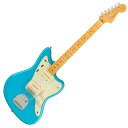 Fender American Professional II Jazzmaster MN MBL エレキギターAmerican Professional II Jazzmasterは、60年以上に渡る革新、インスピレーション、進化を経て、現代のプレイヤーの要求に応えます。高い人気を誇るDeep Cシェイプネックは、丁寧にエッジがロールオフされ、至高の演奏体験を約束する"Super-Natural"サテン仕上げが施されています。また新たに設計されたネックヒールを採用し、快適なフィーリングとハイポジションへの容易なアクセスを実現しました。新しいV-Mod II Jazzmaster Single-Coilピックアップは、これまで以上に繊細なトーンを奏で、Jazzmaster特有の煌びやかなサウンドが得られます。ブリッジピックアップにはタップ機能を装備し、パワフルなサウンドと、出力の低いヴィンテージサウンドが切り替えられます。新開発のポップインアーム式Panorama Tremoloシステムは、滑らかなヴィブラートから過激なアーム奏法まで対応します。American Professional II Jazzmasterの手に馴染む感覚とサウンドの多様性は、手に取り、耳にした瞬間、すぐにお分かりいただけることでしょう。プロの楽器の新たなスタンダードとなるような幅広い改良が、American Professional IIシリーズには詰め込まれています。【スペック】モデルネーム：American Professional II Jazzmaster, Maple Fingerboard, Miami Blueモデル番号：113972719原産国：USカラー：Miami Blueボディ：Alderボディフィニッシュ：Gloss Urethaneボディシェイプ：Jazzmasterネック：Mapleネックフィニッシュ：“Super-Natural” Satin Urethane Finish on Back of Neck with Gloss Urethane Headstock Faceネックシェイプ：Deep "C"スケール：25.5" (648 mm)フィンガーボード：Mapleフィンガーボードラジアス：9.5" (241 mm)フレット数：22Frets Size：Narrow Tallナット：Boneナット幅：1.685" (42.8 mm)ポジションインレイ：Black Dotブリッジピックアップ：V-Mod II Single-Coil Jazzmasterネックピックアップ：V-Mod II Single-Coil Jazzmasterコントロール：Lead Circuit Controls (Slide Switch Down): Master Volume, Master Tone; Rhythm Circuit Controls (Slide Switch Up): Thumbwheel Volume and Tone Controls for Series Rhythm Modeピックアップスイッチ：3-Position Toggle: Position 1. Bridge Pickup, Position 2. Bridge and Neck Pickups, Position 3. Neck Pickupピックアップコンフィギュレーション：SSブリッジ：9.5” Radius Jazzmaster/Jaguar Bridge with Panorama Tremolo Systemハードウェアフィニッシュ：Nickel/Chromeチューニングマシーン：Fender Standard Cast/Sealed Staggeredピックガード：3-Ply Mint Greenコントロールノブ：Aged White "Witch Hat"ストリング：Fender USA 250L Nickel Plated Steel (.009-.042 Gauges), PN 0730250403