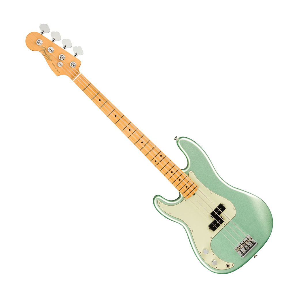 Fender American Professional II Precision Bass LH MN MYS SFG エレキベースAmerican Professional II Precision Bass Left-Handは、60年以上に渡る革新、インスピレーション、進化を経て、現代のプレイヤーの要求に応えます。定番の’63 P Bassシェイプネックは、丁寧にエッジがロールオフされ、至高の演奏体験を約束する"Super-Natural"サテン仕上げが施されています。また新たに設計されたネックヒールを採用し、快適なフィーリングとハイポジションへの容易なアクセスを実現しました。新しいV-Mod II Precision Bass Split-Coilピックアップは、これまで以上に繊細なトーンを奏で、Precision Bassならではの圧巻のローエンドを提供します。American Professional II Precision Bass Left-Handの手に馴染む感覚とサウンドの多様性は、手に取り、耳にした瞬間、すぐにお分かりいただけることでしょう。プロの楽器の新たなスタンダードとなるような幅広い改良が、American Professional IIシリーズには詰め込まれています。【スペック】モデルネーム：American Professional II Precision Bass Left-Hand, Maple Fingerboard, Mystic Surf Greenモデル番号：193942718原産国：USカラー：Mystic Surf Greenボディ：Alderボディフィニッシュ：Gloss Polyurethaneボディシェイプ：Precision Bassネック：Mapleネックフィニッシュ：Satin Urethane Finish on Back of Neck with Gloss Urethane Headstock Faceネックシェイプ："1963 C"スケール：34" (864 mm)フィンガーボード：Mapleフィンガーボードラジアス：9.5" (241 mm)フレット数：20Frets Size：Narrow Tallナット：Boneナット幅：1.625" (41.3 mm)ポジションインレイ：Black Dotミドルピックアップ：V-Mod II Split Single-Coil Precision Bassコントロール：Master Volume, Master Toneピックアップスイッチ：Noneピックアップコンフィギュレーション：Sブリッジ：4-Saddle HiMass Vintage (String-Through-Body or Top-Load)ハードウェアフィニッシュ：Nickel/Chromeチューニングマシーン：Fender Lightweight Vintage-Style Keys with Tapered Shaftsピックガード：3-Ply Mint Greenコントロールノブ：Knurled Flat-Topストリング：Fender USA 7250M Nickel Plated Steel (.045-.105 Gauges), PN 0737250406
