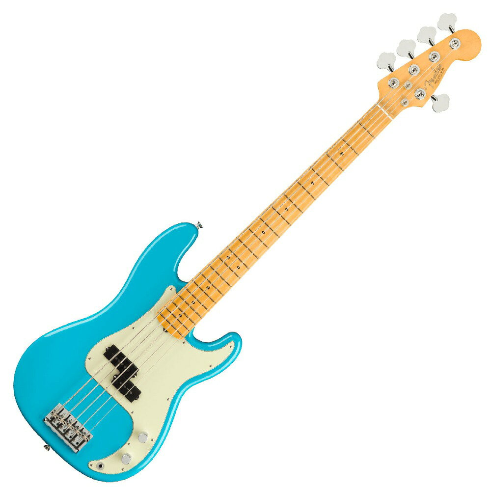 Fender American Professional II Precision Bass V MN MBL エレキベースAmerican Professional II Precision Bass Vは、60年以上に渡る革新、インスピレーション、進化を経て、現代のプレイヤーの要求に応えます。定番の’63 P Bassシェイプネックは、丁寧にエッジがロールオフされ、至高の演奏体験を約束する"Super-Natural"サテン仕上げが施されています。また新たに設計されたネックヒールを採用し、快適なフィーリングとハイポジションへの容易なアクセスを実現しました。新しいV-Mod II Precision Bass Split-Coilピックアップは、これまで以上に繊細なトーンを奏で、Precision Bassならではの圧巻のローエンドを提供します。American Professional II Precision Bass Vの手に馴染む感覚とサウンドの多様性は、手に取り、耳にした瞬間、すぐにお分かりいただけることでしょう。プロの楽器の新たなスタンダードとなるような幅広い改良が、American Professional IIシリーズには詰め込まれています。【スペック】モデルネーム：American Professional II Precision Bass V, Maple Fingerboard, Miami Blueモデル番号：193962719原産国：USカラー：Miami Blueボディ：Alderボディフィニッシュ：Gloss Polyurethaneボディシェイプ：Precision Bassネック：Mapleネックフィニッシュ：Satin Urethane Finish on Back of Neck with Gloss Urethane Headstock Faceネックシェイプ："1963 C"スケール：34" (864 mm)フィンガーボード：Mapleフィンガーボードラジアス：9.5" (241 mm)フレット数：20Frets Size：Narrow Tallナット：Boneナット幅：1.875" (47.6 mm)ポジションインレイ：Black Dotミドルピックアップ：V-Mod II Split Single-Coil Precision Bassコントロール：Master Volume, Master Toneピックアップスイッチ：Noneピックアップコンフィギュレーション：Sブリッジ：5-Saddle HiMass Vintage (String-Through-Body or Top-Load)ハードウェアフィニッシュ：Nickel/Chromeチューニングマシーン：Fender Lightweight Vintage-Style Keys with Tapered Shaftsピックガード：3-Ply Mint Greenコントロールノブ：Knurled Flat-Topストリング：Fender USA 7250-5M Nickel Plated Steel (.045-.125 Gauges), PN 0737250456