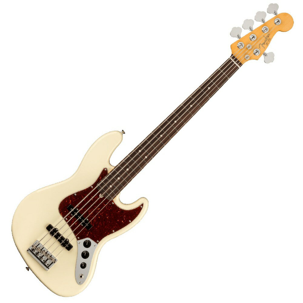 Fender American Professional II Jazz Bass V RW OWT エレキベースAmerican Professional II Jazz Bass Vは、60年以上に渡る革新、インスピレーション、進化を経て、現代のプレイヤーの要求に応えます。人気のSlim Cシェイプネックは、丁寧にエッジがロールオフされ、至高の演奏体験を約束する"Super-Natural"サテン仕上げが施されています。また新たに設計されたネックヒールを採用し、快適なフィーリングとハイポジションへの容易なアクセスを実現しました。新しいV-Mod II Jazz Bass Single-Coilピックアップは、これまで以上に繊細なトーンを奏で、Jazz Bassならではのパンチとクラリティを提供します。American Professional II Jazz Bass Vの手に馴染む感覚とサウンドの多様性は、手に取り、耳にした瞬間、すぐにお分かりいただけることでしょう。プロの楽器の新たなスタンダードとなるような幅広い改良が、American Professional IIシリーズには詰め込まれています。【スペック】モデルネーム：American Professional II Jazz Bass V, Rosewood Fingerboard, Olympic Whiteモデル番号：193990705原産国：USカラー：Olympic Whiteボディ：Alderボディフィニッシュ：Gloss Urethaneボディシェイプ：Jazz Bassネック：Mapleネックフィニッシュ：“Super-Natural” Satin Urethane Finish on Back of Neck with Gloss Urethane Headstock Faceネックシェイプ：Slim "C"スケール：34" (864 mm)フィンガーボード：Rosewoodフィンガーボードラジアス：9.5" (241 mm)フレット数：20Frets Size：Narrow Tallナット：Boneナット幅：1.875" (47.6 mm)ポジションインレイ：White Dotブリッジピックアップ：V-Mod II Single-Coil Jazz Bassミドルピックアップ：V-Mod Single-Coil Jazz Bassコントロール：Volume 1. (Middle Pickup), Volume 2. (Bridge Pickup), Master Toneピックアップスイッチ：Noneピックアップコンフィギュレーション：SSブリッジ：5-String High Mass Vintage (HMV), (Strings-Through-Body or Topload)ハードウェアフィニッシュ：Nickel/Chromeチューニングマシーン：Fender Lightweight Vintage-Style Keys with Tapered Shaftsピックガード：4-Ply Tortoiseshell(ベッコウ柄)コントロールノブ：Vintage Style Black Plastic Jazz Bassストリング：Fender USA 7250-5M Nickel Plated Steel (.045-.125 Gauges), PN 0737250456