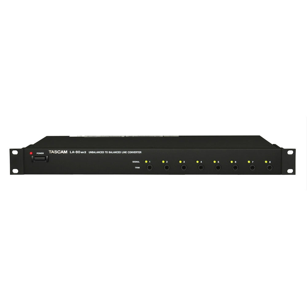 アンバランス入力をバランス出力に変換する回路を8系統、ADA機能搭載『LA-80MKII』は、アンバランス入力をバランス出力に変換する回路を8系統内蔵したアンバランス/バランスラインコンバーターです。信号の有無を表示するインジケーターや、接続機器のレベルを揃える半固定トリムを装備しています。【アンバランス入力信号を分配してバランス出力可能】入力信号の分配（ADA: Audio Distributed Amplifier）機能を装備し、アンバランス入力信号を分配してバランス出力が可能です。1UラックマウントサイズのTASCAMレコーダーと同寸法のTASCAM標準1Uラックマウントサイズを採用しており、ラックマウント時に奥行きがフラットになります。【機能一覧】・アンバランスからバランス変換8系統・アンバランス規定入力レベル-10dBV・バランス規定出力レベル 4dBu/-20dBu切り換え・信号の有無を表示するインジケーター・アンバランス入力信号を分配してバランス出力可能（ADA: Audio Distribution Amplifier）・1入力8出力や、1入力4出力を2系統など、様々なオーディオ分配仕様を設定可能・チャンネル毎に信号レベルを±12dBの範囲で微調整できる半固定TRIMを装備・複数の機器接続時のアース・ループ対策に有効な、バランス端子のGND LIFTスイッチ・ラックマント時のアース・ループ対策に有効なGND ALL LIFT スイッチ・TASCAM標準1Uラックマウントサイズ・電源スイッチと非連動の3P電源アウトレット装備【仕様説明】■定格［UNBALANCE TO BALANCE］・入力（アンバランス）：RCAピンジャック　入力インピーダンス：23kΩ （INPUT LINKスイッチ オール OFF）・2.8kΩ （INPUT LINKスイッチ オール ON）　規定入力レベル：－10dBV　最大入力レベル：＋4.8dBVインジケータ検出レベル：－38dBV 以上・出力（バランス）：XLR-3-32相当 （1:GND、2:HOT、3:COLD）　出力インピーダンス：94Ω　規定負荷インピーダンス：10kΩ　最小負荷インピーダンス：600Ω　規定出力レベル：＋4dBu （OUTPUT LEVELスイッチ：＋4dBu）・－20dBu （OUTPUT LEVELスイッチ：-20dBu）　最大出力レベル：＋23dBu・TRIM可変範囲：±12dB・電源：AC100－240V、50/60Hz・消費電力：6W・質量：3kg・外形寸法：482.6（幅）×44.5（高さ）×295（奥行き） mm （突起部含む）■性能・S/N比：90dB （規定入出力レベル、20kHz LPF、A-WTD、OUTPUT LEVELスイッチ：＋4dBu）・87dB （規定入出力レベル、20Hz HPF＋20kHz LPF、OUTPUT LEVELスイッチ：＋4dBu）・総合歪率：0.007％以下 （1kHz、規定入出力レベル）・周波数特性：20Hz〜100kHz ±3dB （規定入出力レベル）・クロストーク：－90dB （1kHz、規定入出力レベル、600Ωターミネート）※RoHSに対応しています。※仕様および外観は改善のため予告なく変更することがあります。