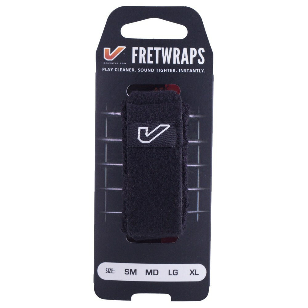 Gruv Gear FW-1PK-XL FretWraps Black 1-Pack エクストララージ 8弦〜12弦エレキギター用 フレットラップフレットラップは、スタジオ、セッションプレイヤーやタッピングの熱狂的なファンが持っておくべき、弦の振動を減少/ミュートするアクセサリーです。不必要な倍音、共振をカットし、ミュートが必要となる様なレコーディング、ライブ、両手でのタッピングなど、様々なシチュエーションで不必要なストリングノイズや共振を防ぎます。ストラップを調整する事で、弦に掛かる力、減衰の具合を調整する事が出来ます。使用しないときは簡単にヘッドストックに移動。楽器に特別な改造をしたり、特別な装置を用意する事無く、驚くほど簡単で効果的です。XL(Extra Large): 8 to 12-string basses, Chapman Sticks, double basses ＆ other extended range guitarsFW-1PK-XL：1-Pack, Black, Extra Large