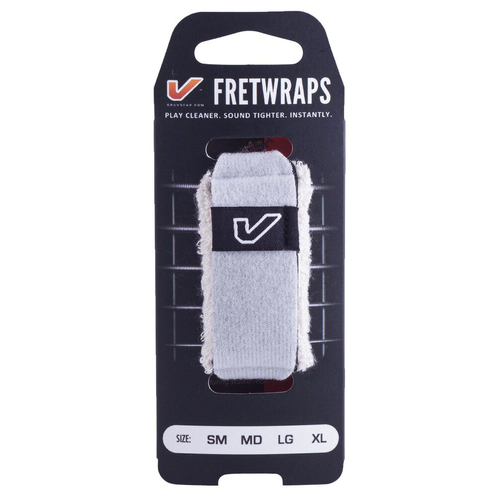 Gruv Gear FW-1PK-WHT-XL FretWraps White 1-Pack エクストララージ 8弦〜12弦エレキギター用 フレットラップフレットラップは、スタジオ、セッションプレイヤーやタッピングの熱狂的なファンが持っておくべき、弦の振動を減少/ミュートするアクセサリーです。不必要な倍音、共振をカットし、ミュートが必要となる様なレコーディング、ライブ、両手でのタッピングなど、様々なシチュエーションで不必要なストリングノイズや共振を防ぎます。ストラップを調整する事で、弦に掛かる力、減衰の具合を調整する事が出来ます。使用しないときは簡単にヘッドストックに移動。楽器に特別な改造をしたり、特別な装置を用意する事無く、驚くほど簡単で効果的です。XL(Extra Large): 8 to 12-string basses, Chapman Sticks, double basses ＆ other extended range guitarsFW-1PK-WHT-XL：1-Pack, White, Extra Large