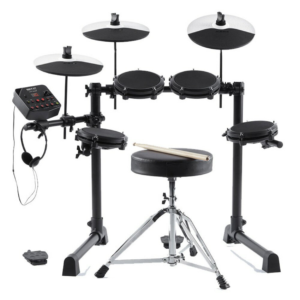 ALESIS Debut Kit ミニサイズ 電子ドラムセット静粛性に優れ、必要なものがすべて揃ったキッズ向け電子ドラムセット【ドラム入門に必要なすべてがここに】ドラム入門がこれまでにないほど身近なものになります。ドラム入門に必要なすべてが揃ったコンプリート・電子ドラムセット、Alesis Debut Kitの登場です。Alesis Debut Kit には、ドラムを始めるのに必要とされる物すべてが揃っています。調整可能な4つの6インチのメッシュ・ドラムヘッドは、ラバー製の電子ドラムパッドのように余計なノイズを出す事なく快適に叩くことができるよう設計されています。また、大型で叩きやすい大型の10インチ・シンバル3枚に加え、操作しやすくレスポンスの良いフットペダルを装備したキックドラムとハイハット。さらに、調整可能な専用スローンにヘッドフォン、ドラムスティックまでもが同梱。Alesis Debut Kitは、刺激的で魅力的なドラム演奏の世界を体感するために必要なものがすべて揃った理想的な電子ドラムキットです。【優れたサウンドの電子ドラムセット】Alesis Debut Kitの中核となるサウンドモジュールは機能満載で、クラシックからモダンな電子ドラム/アコースティックドラムキットのプリセット10種類に加え、Alesisが独自にデザインした120種類の個別ドラムサウンドを収録。IntelligentDynamic Articulation技術を採用したリアルなサウンドでドラムの練習を楽しめます。また、サウンドモジュールに搭載の1/4インチステレオ出力を外部サウンドシステムやAlesis Strike Amp 8（別売り）などのドラムアンプに接続して演奏したり、ヘッドフォン出力を使用したプライベートな練習もすることもできます。AlesisDebut Kitのサウンドモジュールには、ドラム練習機能、練習用デモソング30曲、その他にもドラムを楽しく学べる機能を内蔵しています。また、1/8インチAUX入力にスマートフォンやタブレットなどの外部デバイスを接続して、お気に入りの曲を再生しながらドラムの練習を楽しむこともできます。【MELODICSで楽しみながらスキルアップ】Alesis Debut Kitには、コンピュータやタブレットなどにダウンロードし、楽しく学べるドラムレッスン用ソフトウェア、Melodicsのフリーレッスン60回分を付属。Melodicsは、ドラムのリズムや用語をAlesis Debut Kitで楽しく効果的に学べるレッスン用ソフトウェアです。Melodicsでのレッスンはすぐに初めることができ、フィードバックも即座に受けられるので、毎回のレッスンを楽しみながら学ぶことができます。【DEBUT KITの主な特長】・小さなお子様でも無理なく叩けるミニサイズ・調整可能な6インチ・メッシュヘッド・ドラム x4・10インチ・シンバル x3・キックペダル&ハイハットペダル・堅牢な金属製のマウント・ラック・10種類のドラムキット・プリセットと120種類のドラムサウンドを収録したDM Liteドラムモジュール・コンピュータや音楽プレーヤーに接続した練習が可能・ドラムスローン、ドラムスティック、ヘッドホン、ケーブル付属・ドラムレッスン用ソフトウェア、Melodicsのフリーレッスンを付属【仕様】・ドラムキット：10 preset kits; 5 General MIDI (GM) kits・シーケンサー：30 Patterns; 12 "Follow Me" patterns・シーケンサー解像度：192 ticks per quarter note・最大同時発音数：64・ディスプレイ：3-digit LED・テンポ：30〜280 BPM・端子：25ピン・トリガー用スネークケーブル端子、ヘッドホン端子（ステレオミニプラグ）、外部入力端子（ステレオミニプラグ）、増設用トリガー入力端子 x 2（1/4” TRS端子）、メイン出力端子（標準プラグ、L/R）、MIDI入出力端子（5ピン DIN）、USB端子・電源：ACアダプタ（9V DC、500mA、センタープラス）・サイズ（ドラムモジュールのみ）：約147 x 183 x 112mm・重量（ドラムモジュールのみ）：約0.5kg