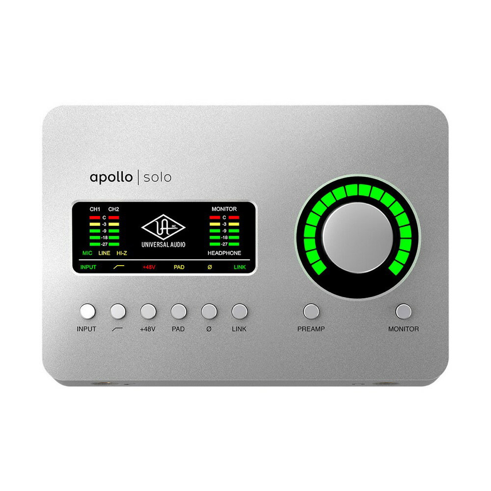 Universal Audio Apollo Solo USB Heritage Edition USB オーディオインターフェイスApollo Solo USB Heritage Edition には、標準のRealtime Analog Classicsプラグインバンドルに加えて、Teletronix、Pultec、そして UA からのコレクションを含む、受賞歴のある5タイトルのUADプラグインがバンドルされています。これらは過去10年に渡り、UA のアナログモデリングにおける評価を築いてきた UAD プラグインです。Apollo Heritage Edition は、クラシックなアナログエミュレーションの最も正確なライブラリーを箱から出してすぐに手にしたい方にとって、最適な選択肢となります。【Apollo Solo USB Heritage Edition に含まれる UAD プラグイン】以下の5タイトルが含まれます。$1,345*のバリューです。*UAオンラインストアで販売されている対象製品の通常時小売価格を反映しています。・UA 1176 Classic Limiter Collection・Teletronix LA-2A Classic Leveler Collection・Pultec Passive EQ Collection・UA 610 Tube Preamp & EQ Collection・UA Pure Plate Reverb【特記事項】このオファーは、正規販売店から新しい Apollo Solo USB Heritage Edition をご購入いただいたお客様にのみ有効です（中古品、譲渡品、店頭展示デモ機等は対象外となります）。Heritage Edition プラグインを受け取るためには、Universal Audio 社サイトにて対象となる Apollo ハードウェアを製品登録する必要があります。すべての履行については、Universal Audio 社の承認が条件となります。【信頼される UA コンバーターとクラシックなスタジオサウンドで作品を生み出そう】Apollo Solo USB は、クラス最高のオーディオコンバーター、2基の Unison マイクプリアンプ、そしてアルバムクオリティーの結果を得られる UAD プラグインスイートを提供する、Windows 専用のデスクトップ型レコーディングオーディオインターフェイスです。定評ある Apollo A/D & D/A コンバーターを備えるこのコンパクトな2x4インターフェイスが、クラスで最も優れたサウンドをもたらします。Unison テクノロジーと内蔵された UAD-2 SOLO コアプロセッサーによって、ニアゼロレイテンシーで UA 610-BTube Preamp & EQ、LA-2A、1176 コンプレッサーをはじめとするクラシックなスタジオツールを活用したレコーディングを実現します。・数多のヒットレコードで聞くことができる、クラス最高の A/D D/A コンバージョンを通してのレコーディング・Neve、API、Fender といったマイクプリアンプやギターアンプを再現する Unison テクノロジーを活用したニアゼロレイテンシーでのトラッキング*・Teletronix LA-2A や 1176 コンプレッサー、Pultec EQ などを駆使したミキシング*・クラス最高のサウンドのヘッドフォンアンプによる、明瞭できめ細かなモニタリング【Unison テクノロジー : マイクプリアンプやギターアンプの魅力的なエミュレーション】Apollo Solo USB の Unison テクノロジーは、世界で最も人気の高いプリアンプのトーン、タッチ、「フィーリング」を提供します。標準でバンドルされる UA 610-B チューブプリアンプの他、Neve、API をはじめとするマイクプリアンプから、Fender、Marshall といったギターアンプに至るまで、各モデルのシグネチャーとなるインピーダンス、ゲインステージの「スイート・スポット」、そしてコンポーネントレベルの回路の振る舞いまでを忠実に再現します*。Unison の秘密は、Apollo Solo USB のマイクプリアンプと内蔵された UAD-2 SOLO コアDSPアクセラレーター間における、ハードウェアとソフトウェアの統合にあります。Apollo コンソールソフトウェア内のマイク入力に Unison プリアンププラグインをセットするだけで Apollo Solo USB のインピーダンスが物理的に再構成され、世界屈指のマイクプリアンプやギターアンプが放つ人々を魅了する「あの」サウンドに触れることができます。【クラシックスタジオプロセッシング】Apollo Solo USB には、Teletronix LA-2A、1176LN、Pultec EQ、そしてUnison対応の UA 610-B チューブプリアンプを含む、驚異のアナログエミュレーションプラグインが付属します。世界的に名高い UA のアルゴリズムエンジニアチームによって開発された Realtime Analog Classics Bundle は、すべてのハードウェアエミュレーション系プラグインの品質判断におけるひとつのスタンダードとなっています。ギターにおける Pultec EQ によるチューブのあたたかさ、LA-2A によるボーカルへの優しいリミッティングなど、豊潤かつ立体的なアナログサウンドによって、作品は大いなる飛躍を遂げることでしょう。【UAD パワードプラグインの世界へアクセス】Apollo Solo USB は、付属の Realtime Analog Classics プラグイン以外にも、ビンテージEQ、コンプレッサー、リバーブ、テープマシン、Auto-Tune など、数々の受賞歴を誇るUADパワードプラグイン*をコンピューターのCPU負荷を気にすることなく、リアルタイムで使用することができます。Neve、Ampex、Lexicon、Fender、Marshall、Antares、KORG、Moog などの厳格なエミュレーションによって得られるクリエイティブな可能性は、まさに無限大と言えるでしょう。【ビンテージ・ギター＆ベースアンプ】ギタリストやベーシストは、Unison テクノロジーに対応している Apollo Solo USB のフロントパネルのインストゥルメント入力によって、付属の Marshall Plexi Classic の他、Fender '55 Tweed Deluxe、Ampeg B-15N Bass Amplifier、Eden WT800 Bass Amplifier などの完璧なアンプ・エミュレーション*をニアゼロレイテンシーで作曲やレコーディングの際に活用できます。【クラス最高のヘッドフォンアンプ】Apollo Solo USB の内蔵ヘッドフォン出力は、同クラスのどのインターフェイスよりもノイズが低く、周波数特性もフラットで、より大きく、よりパンチのあるものとなっています — これはつまり、ヘッドフォンを使って自信を持ったトラッキングやミキシングを行うことができ、あらゆるディテールを聴くことができることを意味します。【レディ・トゥ・ゴー】Apollo Solo USB は、その堅牢な金属製の筐体と卓越した音質によって、真にプロフェッショナルな結果をもたらす、Windows ユーザー向けの唯一のデスクトップ型オーディオインターフェイスです。どんなデスクトップにもフィットし、ラップトップバッグにすっぽり収まるコンパクトさで、まさに「持ち出せるバーチャルアナログスタジオ」と呼ぶにふさわしい存在です。【システム必要条件】UAD Software Version 9.13.0【Windows】・Windows 10（64ビット・エディション）・コンピューター本体にネイティブで搭載されている USB 3.0 SuperSpeed（USB-A または USB-C）空きポート・別売の USB-IF 認証済み USB 3 SuperSpeed ケーブル（Type-A to Type-C もしくは Type-C to Type-C）・Intel Core i シリーズ、もしくは Xeon processor（Quad Core i7 以上を推奨）・6GB 以上の空きストレージ容量・8GB 以上のRAMを推奨・3年以内に製造されたコンピューターを推奨・インターネット接続環境（ソフトウェアインストール、製品登録、追加プラグイン購入のため）・VST、RTAS、AAX 64 対応ホストアプリケーション【注意事項】・Apollo Solo USB を Mac 環境でお使いいただくことはできません。・Apollo Solo USB は、USB バスパワー駆動に対応していません（付属の専用ACアダプターで動作します）。・2-in-1システム（ノートブック / タブレット）環境でのご使用はサポート対象外となります。・AMD プロセッサー環境との互換については充分なテストが行われていないため、サポート対象外となります。・USB 3 アダプター（例 : PCIe - USB3 アダプターカード）は充分なテストが行われていないため、サポート対象外となります。・UAD-1 デバイスとの共存はできません。・同一環境内で使用可能な Apollo Solo USB は1台のみとなります。・同一環境内で UAD-2 Satellite USB を1台増設して使用可能です。・標準付属以外の UAD プラグインは、UAオンラインストア にてお買い求めいただけます。【Apollo Solo USB の Windows システムとの互換性】・確実な Windows のセッティングは、Apollo Solo USB の性能を適正に引き出すために重要です。・ASIO 及び WDM ドライバーにのみ対応しています。アプリケーション側がサポートしている場合は ASIO ドライバーのご使用を推奨します。【対応しない Windows システム】・Apollo Solo USB は、マザーボードにネイティブで USB 3 が組み込まれていないPCには対応していません。・USB 2 のマザーボードに USB 3 アダプター(例:PCIe - USB3 アダプターカード)を挿したシステムには対応していません。・以下のメーカーの USB 3.0 コントローラーチップ搭載のマザーボードと PCIe-USB 3.0 アダプターカードは非推奨です:AMDASMediaEtronFresco LogicNvidiaTexas Instruments・Boot Camp を含む仮想環境で Windows を起動した Mac では、Apollo Solo USB を含むすべての UAD-2 デバイスがサポート対象外となります。