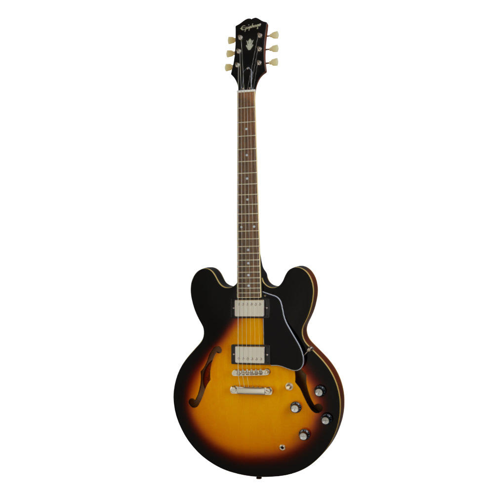 Epiphone ES-335 Vintage Sunburst エレキギター※ご購入後、15日以内に必ず同梱されるユーザー登録カードに必要事項をご記入の上、ギブソン・ジャパンへご郵送下さい。ユーザー登録したご本人に限り、メーカー規定の故障に対してのみ、無期限での保証が提供されます。60年以上にわたり世界中のギタリストを魅了してきた歴史的なES-335のエピフォン版です。1958年の初登場以来、GibsonES-335は他に類を⾒ないスタンダードを打ち⽴ててきました。エピフォンES-335も例外ではありません。ES-335のクラシックなサウンドをお求めのギタリストの皆様には、お求めやすい価格でお買い得な⼀本となっています。ES-335は、トップ、バック、サイドにメイプルで作られており、しっかりとしたメイプルのブロックと相まって、セミホロウの楽器に求められる驚くほどのサスティーン、暖かさ、そして共鳴するトーンを⽣み出しています。エピフォンのアルニコ・クラシックPROハムバッカーは幅広いビンテージ・サウンドを提供する⼀⽅で、丸みを帯びたCネックのプロファイルは⾮常に快適で演奏しやすく、ヘッドストックは60年代スタイルのカラマズー・シェイプを採⽤しています。【SPEC】ES-335 Vintage Sunburstcolor:Vintage SunburstBody Shape:ES-335Body Material:Layered MapleTop:Layered MapleBack:Layered MapleSide:Layered MapleCenterblock:MapleBinding:Single ply cream - top, back and fretboardNeck Material:MahoganyProfile:Rounded CScale Length:24.724”/628mmFingerboard Material:Indian LaurelFingerboard Radius:12”Number Of Frets:22Frets:MediumJumboNut Material:Graph Tech NuBoneNut Width:1.693” / 43mmEnd of Board Width:2.239”Inlays:DotJoint:Glued in; Set NeckHardware Finish:NickelTuner Plating:NickelBridge:LockToneTune-O-MaticTailpiece:LockToneStop BarTuning Machines:Epiphone DeluxePickguard:GibsonES-335 Shape, Black, 5-plyTrussRod:Dual ActionTruss Rod Cover:2-ply BellControl Knobs:Black Top Hat knobs with metal insertsSwitch Tip:CreamcapPlastic Parts:Black; PVCStrap Buttons:2 - bottom and back of heelMounting Rings:Black; PVCNeck Pickup:Alnico Classic PROBridge Pickup:Alnico Classic PROControls:2 Volume, 2 Tone, CTS potentiometersPickup Selector:3-way toggleOutput Jack:Standard Epiphone