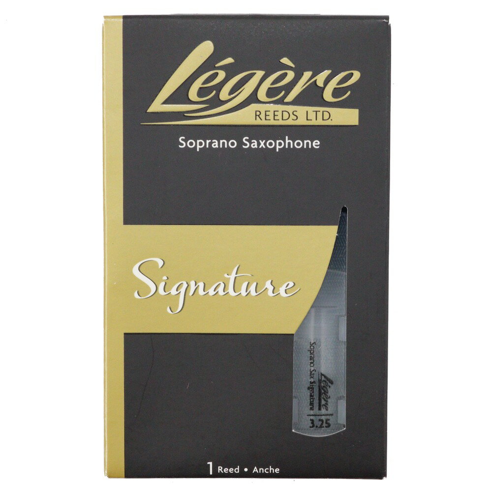 Legere SSG3.25 Signature ソプラノサックスリード [3 1/4]※商品の性質上、商品の返品・交換はお受け出来ませんのでご了承下さい。「質感の安定しないケーンリードに代わる、新素材リードを作れないか」。多くの木管楽器奏者が抱えるリードの悩みを解決するため開発されたレジェールリードは、天然ケーンとほぼ同じ振動特性を持つまったく新しい新素材のリードです。カットの角度、コシの強さ、振動比率、表面仕上げ、気温、湿度に対する安定性等、あらゆる方向から研究され天然ケーンと違和感のない吹奏感を実現しました。【特長】●演奏前の慣らしの必要はなく、へたりにくい：通常のケーンリードは一般的に約2から3週間が寿命といわれていますが、基本的に物理的な衝撃で割れない限りは半永久的に使用できます。●水を吸収しないため、状態が変わらない：通常のケーンリードは水分を含むことにより時間とともに状態が変化します。プレイヤーは急激に水分を含ませないようリードのローテーションに神経を使い、コンデションを整えなければなりません。レジェールは状態が変わらないので、演奏や練習に集中できます。●人体に無害で消毒も可能：レジェールはポロプロピレンにより作られています。この材料はFDA（アメリカ食品医薬品局）より食品用途とさえ認可されており、非常に安全な素材です。●最大のポイントは本番で使える音色：世界2大オーケストラのクラリネット奏者、ベルリンフィルハーモニー/ヴェンツェルフックス氏とウィーンフィルハーモニー/ダニエルオッテンザマー氏が愛用。レジェールは音色が良いからこそプロプレイヤーも使用します。Signatureシリーズ：シグネチャーシリーズは、天然ケーンよりも薄くて硬いため、弾きやすく、色鮮やかな倍音と芯のあるサウンドが特徴です。バランスのとれたサウンドと奏者のプレイに即座に反応するレスポンスの良さで世界中のプロがジャズやクラシックの場面で使用しています。ソプラノサックス用強度：3 1/41枚入