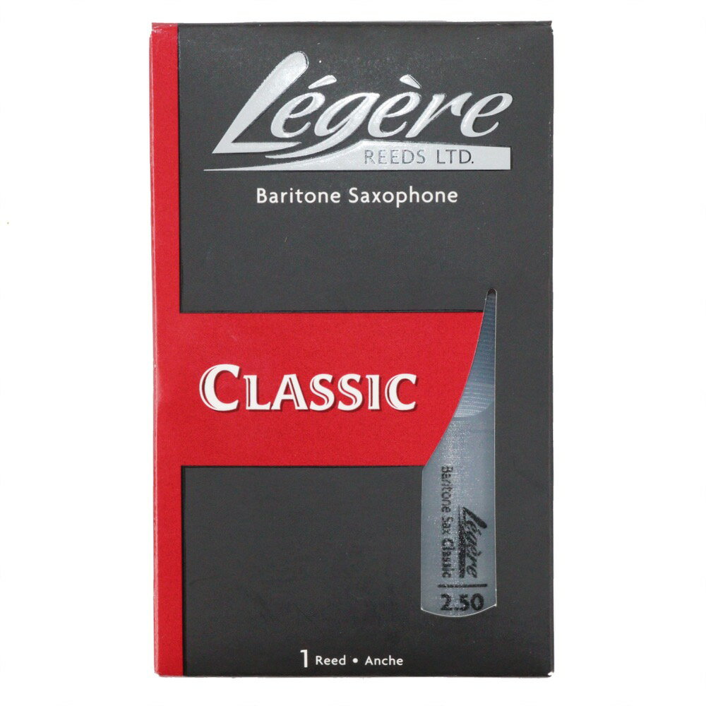 Legere BS2.50 Classic バリトンサックスリード [2 1/2]※商品の性質上、商品の返品・交換はお受け出来ませんのでご了承下さい。「質感の安定しないケーンリードに代わる、新素材リードを作れないか」。多くの木管楽器奏者が抱えるリードの悩みを解決するため開発されたレジェールリードは、天然ケーンとほぼ同じ振動特性を持つまったく新しい新素材のリードです。カットの角度、コシの強さ、振動比率、表面仕上げ、気温、湿度に対する安定性等、あらゆる方向から研究され天然ケーンと違和感のない吹奏感を実現しました。【特長】●演奏前の慣らしの必要はなく、へたりにくい：通常のケーンリードは一般的に約2から3週間が寿命といわれていますが、基本的に物理的な衝撃で割れない限りは半永久的に使用できます。●水を吸収しないため、状態が変わらない：通常のケーンリードは水分を含むことにより時間とともに状態が変化します。プレイヤーは急激に水分を含ませないようリードのローテーションに神経を使い、コンデションを整えなければなりません。レジェールは状態が変わらないので、演奏や練習に集中できます。●人体に無害で消毒も可能：レジェールはポロプロピレンにより作られています。この材料はFDA（アメリカ食品医薬品局）より食品用途とさえ認可されており、非常に安全な素材です。●最大のポイントは本番で使える音色：世界2大オーケストラのクラリネット奏者、ベルリンフィルハーモニー/ヴェンツェルフックス氏とウィーンフィルハーモニー/ダニエルオッテンザマー氏が愛用。レジェールは音色が良いからこそプロプレイヤーも使用します。Classicシリーズ：クラシックシリーズは、優れた耐久性を備えています。ティップが太く、よりダークで芯のあるサウンドが特徴です。豊かでパーカッシブなサウンド傾向なので、マーチングバンドや大規模なアンサンブルなどに最適です。バリトンサックス用強度：2 1/21枚入