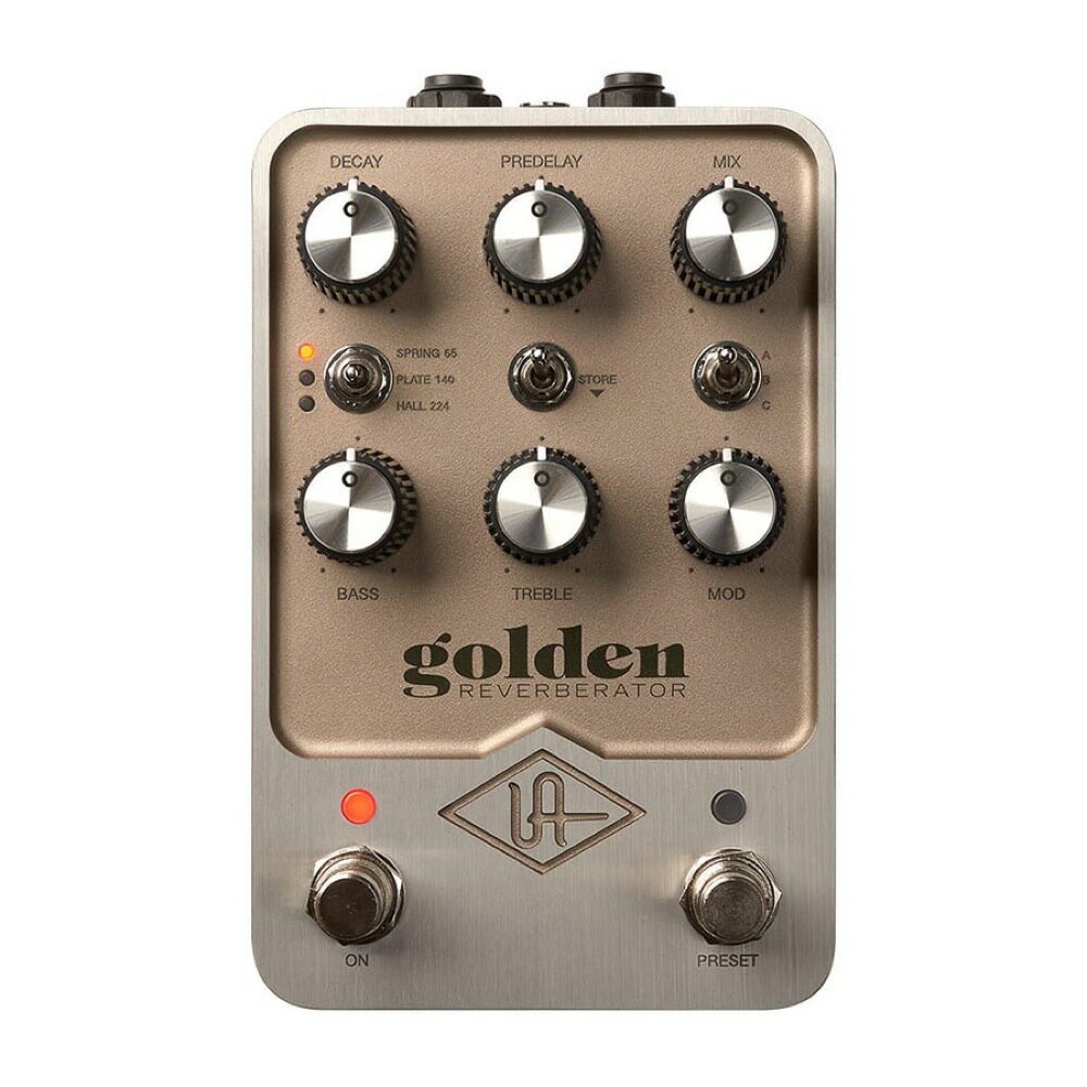 Universal Audio UAFX Golden Reverberator ステレオリバーブ ギターエフェクター【ご注意ください】・トゥルー／トレール・バイパスの設定は、2021年春リリース予定の UAFX Control モバイル・アプリを介して行います。・Golden Reverberator には、電源（パワーサプライユニット）は付属していません。別売り純正電源アダプター「PSU-GP1-WW」もしくはアイソレートされたDC9V、400mA、センターマイナス、2.1 x 5.5 mm バレルコネクタのパワーサプライが必要です。【ストンプボックスの概念を覆す、ビンテージ・リバーブ・エフェクト】60年代のギターアンプに見られるチューブ駆動のスプリング・リバーブ。50年代のスタジオプレートリバーブの濃密で心に響くサウンド。そして、初期のデジタル・リバーブ・ハードウェアが備える無限のアルゴリズムの驚異 ─ UAFX Golden Reverberator は、20年以上に及ぶモデリングのノウハウが息づく、3つの象徴的なリバーブをあなたの足元にもたらします。強力な UAFX デュアル・エンジン・プロセッシングと、かつてないレベルのオーセンティシティから成る Golden Reverberator は、長きに渡ってあなたをインスパイアし続ける、妥協なきフラッグシップのリバーブユニットです。・クラシックな60年代のアメリカ製ギターアンプに搭載されていた3つのスプリングリバーブの「ゴールデンユニット」に基づく、他では味わえない瑞々しさ。・The Plant スタジオから提供された3つのドイツ製スタジオプレートリバーブに基づく、濃密で心に響くサウンド。・ビット単位の正確なビンテージ・デジタル・リバーブ・アルゴリズムにより、広大で立体的なトーンを構築。・ライブ／プリセットモードでサウンドに瞬時にアクセス。サイレント・スイッチングや、トゥルーもしくはスピルオーバーを含むトレール・バイパスを活用して演奏可能*。・製品登録時に、“Chamber & Plate 224” エフェクトを無料で追加ダウンロード可能。・時代を超越する UA の設計と、美しく、堅牢なクラフトマンシップを中心に据えペダルボードを構築。【Spring 65 : 真のビンテージ・アンプ・リバーブのトリオ】クラシックな60年代のアメリカ製ギターアンプに搭載されていたチューブ駆動のスプリングリバーブは、他に類を見ない美しさを誇ります。しかし、2つとして同じスプリング・リバーブ・タンクは存在しません。そこで UA は20を超えるユニットの検証を行い、最終的に3台のビンテージアンプから3つのタンクを厳選し、モデリングしました。他のスプリング・リバーブ・エミュレーションとは異なる、UA の「ホールアンプ（アンプ全体）」というアプローチは、個々のリバーブ回路が持つユニークなチューブクリッピングキャラクターを忠実に捉えています ─ その結果、本物のスプリング・リバーブの質感、響き、倍音などのすべてを再現することに成功しました。【Plate 140 : 豊かなスタジオ・プレート・リバーブによる不朽のパレット】1950年代後半のスタジオ・プレート・リバーブがもたらす濃密で心に響くサウンドは、60年以上に渡り録音されてきたギタートーンにとって欠かせないものです。Golden Reverberator は、カリフォルニア州サウサリートのレコーディングスタジオ “The Plant” で使われていた3種類のユニークなプレートに基づいており、真昼の太陽のようにあたたかい雰囲気の中で、あなたのトーンを包み込みます。豊かなアナログモジュレーションの揺らぎを調整することによって、さらなるテクスチャーを得ることも可能です。【Hall 224 : 70年代後半のビンテージ・デジタル・アンビエンスの世界】1970年代後半に登場したデジタル・スタジオ・リバーブは、革新的なギタリストたちのさらなる挑戦を可能にし、80年代、90年代、およびそれ以降のプラチナ・ポップやオルタナティヴ・ロックのギタートーンを生み出すに至りました。Golden Reverberator に含まれる Hall 224 エフェクトは、かのスタジオ定番機材が持つアルゴリズムをビット単位で正確に再現しており、鮮やかで、粒立ちを感じられるテール、そして魅惑的なモジュレーションのテクスチャーを備えています。【デュアル・ステレオ・リバーブ・エンジンが生み出す無限の創造性】Golden Reverberator には UAFX のために新規開発された強力なエンジンが採用され、独自のデュアル・エンジン・プロセッシングがリバーブエフェクトのステレオインスタンスを個々に実行し、驚異的な立体感と没入感のあるサウンドスケープを提供します。これによって、荘厳な空間的テクスチャーが織りなすステレオ感と、余韻を含んだシームレスなエフェクトトランジションを可能としています。【最先端のストンプボックス】スタジオ品質のコンバージョン、デュアル・プロセッシング・エンジン、ダウンロード可能な追加エフェクト、ライブ／プリセット・モード、サイレント・スイッチングによるトゥルー／バッファード・バイパス*、エフェクト・トレール、アナログ・ドライ・スルーなどを備える、モダンで高性能な Golden Reverberator は、堅牢で美しいストンプボックスの形をした、まさに完璧の域に達するリバーブです。【特長】・これまでのストンプボックスを凌駕する、最も本格的なチューブ駆動のスプリング、プレート、ビンテージ・デジタル・リバーブを提供・厳選された60年代のアメリカ製ギターアンプの「ゴールデン・ユニット」に基づく、スプリング・リバーブ・タンク（3種）・The Plant（カリフォルニア州サウサリート）で使われていた、ドイツ製ビンテージ・スタジオ・プレート・リバーブ（3種）・ビット単位で完璧に再現された、1970年代後半のビンテージ・デジタル・リバーブのアルゴリズム（3種）・お気に入りのプリセットの保存と呼び出し、サイレント・スイッチング、トゥルー／バッファード・バイパス、スピルオーバー／トレール*・アナログ・ドライ・スルー、ステレオ／デュアルモノ・オペレーション、エフェクトごとに設定可能なモジュレーション・製品登録を行うと、“Chamber & Plate 224” を無料でダウンロード可能*トゥルー／バッファード・バイパスの設定は、2021年春リリース予定の UAFX Control モバイル・アプリを介して行います。【仕様】電源（別売）：・アイソレートされたDC9V、400mA（最小）、センターマイナス、2.1 x 5.5 mm バレルコネクターの電源・メーカー純正PSU “PSU-GP1-WW” の販売もしております入力：2つの¼インチ・アンバランス（TS）出力：2つの¼インチ・アンバランス（TS）バイパスモード（UAFX Control* で設定）： 機械式リレーによるトゥルー・バイパス、またはバッファード／トレール・バイパス入力インピーダンス ：・500 kΩ（モノラル入力）・1 MΩ（ステレオ入力）出力インピーダンス ：500 Ω最大入力レベル：12.2 dBu最大出力レベル：12.1 dBu周波数特性：20 Hz 〜 20 kHz、±3 dBUSB Type-C（ケーブル別売）：コンピューターでの製品登録、およびファームウェアのアップデートに使用ワイヤレス技術：Bluetooth v5寸法：・高さ : 6.5 cm・幅 : 9.2 cm・奥行き : 14.1 cm重量：0.567 kg【UAFX Contol のシステム必要条件】・(Mac) macOS 10.14 Mojave、10.15 Catalina、11 Big Sur・(Windows) Windows 10・タブレットや 2-in-1 システムでのご使用はサポート対象外となります。・空きUSBポート・USB-C ケーブル（別売）