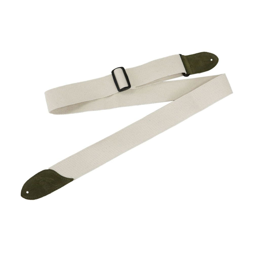 LM Products ALMJP Green Natural Cotton & Suede Leather Ends ギターストラップナチュラル・コットン＆スエード・レザー・エンド・シリーズは、ストラップ部分にナチュラル・ホワイト・カラーの天然コットン素材を使用し、ストラップ・エンド部分には耐久性のあるスエード（本革）を使用したストラップです。漂白していない天然コットン繊維を帯状に織って作られているために、軽くてしなやかなで滑りもありません。長さ調節は耐久性のあるブラック・プラスティックのアジャスターを使用したスライド式です。アジャスターの素材は環境を配慮したリサイクル・プラスティックを使用しています。51mm（エンド部）、48mm（ストラップ部）の幅で、6色のカラーバリエーションをラインナップしています。フロント側のレザー・エンドは流線型にデザインされ、「Alexis」の文字が型押しされています。また、フロント側のみレザーエンドのバック・レザー・カラーはすべてピンクです。【Specifications】・アジャスター：スライド式・長さ：〜約1,480mm・幅：約48mm（ストラップ部）・カラー：グリーン・Made in U.S.A.