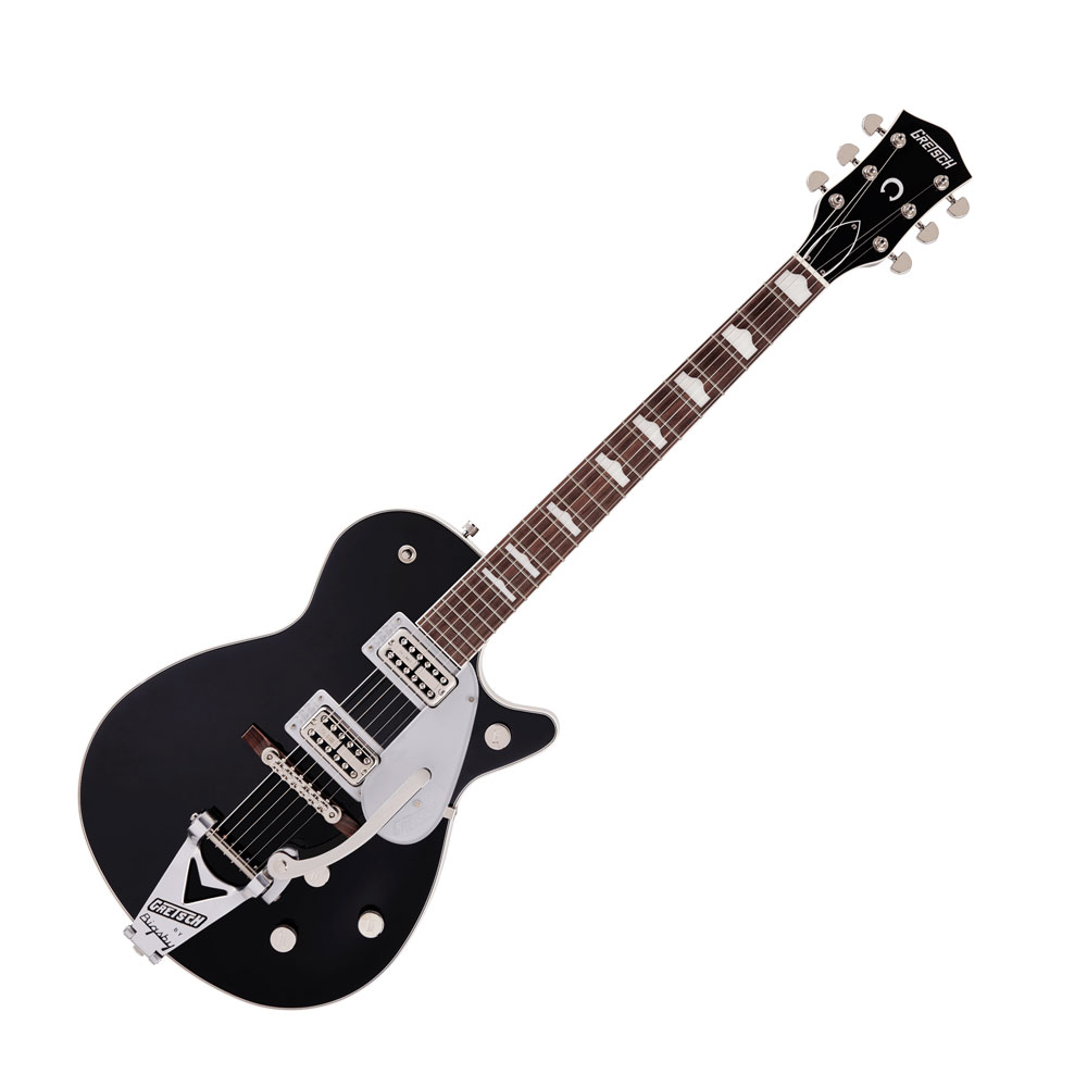 GRETSCH G6128T-89 Vintage Select '89 Duo Jet with Bigsby BLK エレキギター特徴的なソリッドボディのパワーとパンチ力を提供するG6128T-89VSは、部分補修正されたチェンバード・マホガニーボディを採用。ボディトップとその間の空気が共鳴することで、調和の取れた豊かな音色を生み出し、より生き生きした明確なトーンを備えています。TV Jones製TV Classic PlusリアPUとTV Jones製TV ClassicフロントPUは、紛れもないヴィンテージらしいFilter'Tron PUサウンドを、素晴らしいサウンドで再現。トレブルブリード回路搭載のマスターボリューム、マスタートーン、リアPU&フロントPU用のボリュームコントロール、3ウェイPUスイッチ使用して、より直感的に操作できます。その他の仕様として、メイプルのセットネック、パーロイド・ハンプトップ・インレイを備えた、ラジアス12インチ(304.8ミリ)のローズウッド指板、ボーンナット、Gアロー・コントロールノブ、Bigsbyビブラートテールピース、ピン留めされたローズウッド台座のAdjusto-Maticブリッジ、Gotohチューナーが含まれます。【スペック】・ボディ：Mahogany・ボディバインディング：White with B/W/B Purfling・ボディフィニッシュ：Gloss・ボディシェイプ：Jet・ボディトップ：Arched Laminated Maple・ブレイシング：Chambered・ブリッジ：Adjusto-Matic・ブリッジカバー/テイルピース：Bigsby B3C Vibrato Tailpiece with Gretsch Logo・ブリッジピックアップ：TV Jones TV Classic Plus・カラー：Black・コンフィギュレーション：Filter'Tron / Filter'Tron・コントロールノブ：G-Arrow・コントロール：Volume 1. (Neck Pickup), Volume 2. (Bridge Pickup), Master Volume, Master Tone・フィンガーボード：Rosewood・フィンガーボードラジアス：12" (305 mm)・フレットサイズ：Medium Jumbo・ハードウェアフィニッシュ：Nickel・ローワーバウト：13.5" (343 mm)・モデルネーム：G6128T-89 Vintage Select '89 Duo Jet with Bigsby, Rosewood Fingerboard, Black・ネック：Set-Neck・ネックフィニッシュ：Gloss・ネック：Maple・ネックピックアップ：TV Jones TV Classic・ネックシェイプ：Standard "U"・フレット数：22・ナットの素材：Bone・ナット幅：1.685" (42.8 mm)・オリエンテーション：Right-Hand・ピックガード：Silver Plexi with Silver Gretsch Logo・ピックアップコンフィギュレーション：Filter'Tron / Filter'Tron・ピックアップスイッチ：3-Position Toggle: Position 1. Bridge Pickup, Position 2. Bridge And Neck Pickups, Position 3. Neck Pickup・ポジションインレイ：Pearloid Hump Block・ネック材：Maple・ネックシェイプ：U Shape・スケール：24.6" (625 mm)・ナット：Bone・ストリング：Nickel Plated Steel (.010-.046 Gauges)・チューニングマシーン：Gotoh Die-Cast・アッパーバウト：10.5" (267 mm)・ウェイスト：8.625" (219.08 mm)・ハードケース付き