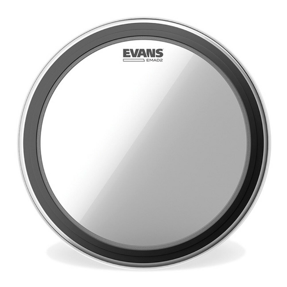 EVANS BD22EMAD2 22" EMAD2 Bass Batter Clear バスドラムヘッドEMADはEVANS独自のサウンド・コントロールシステムで、バスドラムヘッドを取り外すことなく交換可能な、幅の違う2種類のウレタン製ミュートリング(ダンピングリング)が付属しており、好みのミュートの度合いに合わせ簡単に脱着できます。10mil、1プライのフィルムで、オープンなサウンドから、タイトなアタック、ローエンドを効かせたファットサウンドまで、2種類の脱着式ダンピングリングの使用により1枚のバスドラムヘッドで様々な音作りが可能です。コーテッドヘッドは、トーンの暖かさと深みが増しています。GMADは12mil、1プライのフィルムで、オリジナルのEMADにパンチとローエンドを追加し、よりパワフルなサウンドが得られます。耐久性も20％アップしています。EMAD2は更にアタックと耐久性を増強するために、外側7mil、内側10mil、2プライのフィルムを使用しています。サイズ：22インチ