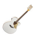 GRETSCH G5022CWFE Rancher Falcon Jumbo White エレクトリックアコースティックギターグレッチRancherアコースティック・ギターが、これまで以上に優れた仕様を備え復活しました。G5022CWFE Rancher Falcon Jumboは、グレッチFalconらしさ満載のフルボディなジャンボトーンを提供します。きらびやかな金メッキの装飾と、比類なき音の増幅を実現する電子装置を搭載しています。ジャンボカッタウェイを装備したボディを採用し、ボディ・トップ＆バック、サウンドホール、指板、ヘッドストックに、光り輝くゴールドスパークルのバインディングが施されています。その他のプレミアムな仕様に、スキャロップドXブレイシング、クラシックなランチャータイプの三角型サウンドホールを備えた、ソリッドスプルース・ボディトップを使用。ボディ・サイドとアーチ状のボディ・バックにメイプル材を使用し、マホガニーネック、Neo-Classicのサムネイル・インレイを装備した、21フレット仕様のローズウッド指板を採用。翼の付いた"Gretsch"スパークルロゴが入ったV字型ヘッドストック、ローズウッド台座付きコンペンセーテッド・ブリッジ、デラックスチューナー、金メッキされたハードウェアを採用しています。Fishman SonicoreアンダーサドルPUと、ボリューム／トーン／フェーズ・コントロールを備えた機能的なIsys+プリアンプシステム、オンボードチューナー、バッテリー寿命インジケーターを搭載し、優れたサウンドの増幅と柔軟な音色調整を提供します。【スペック】・Color：White・Country Of Origin：ID・Orientation：Right-Hand・Series：Acoustic Collection・Fingerboard Material：Rosewood with Gold Sparkle Binding・Fingerboard Radius：12" (305 mm)・Headstock：Falcon Style・Neck Finish：Gloss Polyester・Neck Material：Mahogany・Neck Shape：Standard "U"・Number of Frets：21・Nut Material：Synthetic Bone・Nut Width：1.675" (42.5 mm)・Position Inlays：Pearloid Neo-Classic Thumbnail・String Nut：Synthetic Bone・Body：Laminated Maple Back and Sides・Body Back：Laminated Maple・Body Finish：Gloss Polyester・Body Material：Laminated Maple Back and Sides・Body Shape：Acoustic Hollow Body・Body Sides：Laminated Maple・Body Style：Gretsch Acoustic / Electric Guitars・Body Top：Solid Spruce・Bracing：Scalloped X・Cutaway：Single Cutaway・Rosette：N/A・Sound Hole：Traditional Gretsch Rancher "Triangular" Sound Hole・Waist：10.25" (260 mm)・Bridge：Rosewood with Compensated Synthetic Bone Saddle・Bridge Cover/Tailpiece：Traditional Acoustic Bridge・Bridge Pins：White Plastic・Hardware Finish：Gold-Plated・Pickguard：Gold Plexi Pickguard with Falcon Graphic and Gretsch Logo・Strap Buttons：Gretsch Knurled Strap Retainer Knobs・Strings：D'Addario EJ16 Phosphor Bronze, Light (.012-.053 Gauges)・Tuning Machines：Deluxe Die-Cast・Controls：Volume, Bass, Middle, Treble, Low Battery Indicator Light, Tuner On/Off Switch・Special Electronics：Fishman Isys III Preamp/Pickup System・ソフトケース付き