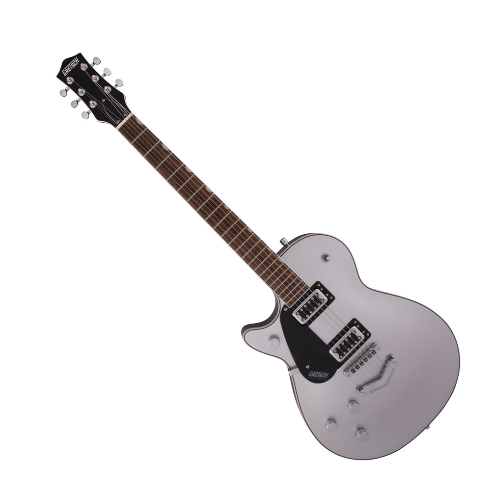 GRETSCH G5230LH Electromatic Jet FT Single-Cut with V-Stoptail Airline Silver エレキギター※本商品は左利き用（レフトハンド）モデルです。お間違いないようご注意下さい。グレッチのJetに宿るピュアなJetパワーは、65年の歴史の中で、それを使用する特徴的なプレイヤーたちを“象徴するサウンド”となりました。Bigsbyを備えた、全く新しいレフトハンド・モデル、G5230LH Electromatic Jet FT Single-Cut with V-Stoptailは、本質的なJetパワーを忠実に再現し、驚くべき価格帯を実現しています。チェンバード・マホガニーボディ：ラウドでクリアかつクラシックなJetのトーンは、メイプルトップ採用のチェンバード・マホガニーボディから始まり、豊かな低音域と中音域、非常に滑らかで存在感のある高音域を生み出します。その結果、堅牢でありながらバランスの取れた、深い音の基盤を実現しています。Black TopFilter'Tron PU：真髄となる音の力と明晰さを兼ね備えた、Black Top Filter'Tron PUは、Electromatic Jet FTのチェンバーボディを増幅させ強調することで、ワイドでバランスの取れた、クリアなトーンを生み出します。ラウドでパンチの効いたこのJetは、どのレベルのゲインでも、驚くほどの明瞭なサウンド出力します。そして、ボディとPUが一体となって、豊かでレスポンスの良い低音域と中音域を稲妻のような速度で生み出し、トゲがない輝くような高音域を実現しています。Electromatic Jet FTの総合的なトーンコントロール機能には、より完全な調整を可能にする重要な機能が搭載されています。2PU個別のボリュームコントロールにマスタートーン、トレブルブリード回路搭載のマスターボリュームを組み合わせることで、PUとトーンの設定を直感的かつ、広範囲に調整できます。【スペック】・Color：Airline Silver・Country Of Origin：CN・Orientation：Left-Hand・Series：Electromatic・Fingerboard Material：Laurel・Fingerboard Radius：12" (305 mm)・Neck Finish：Gloss・Neck Material：Mahogany・Neck Shape：Thin "U"・Number of Frets：22・Nut Material：Synthetic Bone・Nut Width：1.6875" (42.86 mm)・Position Inlays：Pearloid Neo-Classic Thumbnail・String Nut：Synthetic Bone・Body：Mahogany・Body Back：Mahogany・Body Binding：White with B/W Purfling・Body Finish：Gloss・Body Material：Mahogany・Body Shape：Jet・Body Style：Gretsch Chambered Body Guitars・Body Top：Arched Laminated Maple・Bracing：Chambered・Waist：8.5" (216 mm)・Bridge：Anchored Adjusto-Matic・Bridge Cover/Tailpiece：Gretsch V-Stoptail・Bridge Mounting：Anchored・Control Knobs：G-Arrow・Hardware Finish：Chrome・Neck Plate：None・Pickguard：Black Plexi Pickguard with White Gretsch Logo・Strap Buttons：Gretsch Knurled Strap Retainer Knobs・Strings：Nickel Plated Steel (.010-.046 Gauges)・Tuning Machines：Die-Cast with Round Button・Bridge Pickup：Black Top Filter'Tron・Controls：Volume 1. (Neck Pickup), Volume 2. (Bridge Pickup), Master Volume, Master Tone・Neck Pickup：Black Top Filter'Tron・Pickup Configuration：Filter'Tron / Filter'Tron・Switching：3-Position Toggle: Position 1. Bridge Pickup, Position 2. Bridge And Neck Pickups, Position 3. Neck Pickup・ソフトケース付き