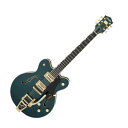 GRETSCH G6609TG Players Edition Broadkaster Center Block Double-Cut with String-Thru Bigsby Cadillac Green エレキギター歴史あるグレッチ"Broadkaster"の名は、今ではセンターブロックの主力製品に使われています。このモデルは、パワフルで新しいPUを採用し、より有機的なトーンと快適な軽量化のため、ボディの共鳴を強化するチェンバード・スプルースセンターブロックを装備。全ての範囲を網羅する大音量なサウンド用に作られた、ラインナップ主力製品です。演奏性を発揮するよう設計された、G6609TG Players Edition Broadkaster Center Block Double-Cut with String-Thru Bigsby and Gold Hardwareは、ダブルカッタウェイ・ボディを採用し、輝かしいゴールドハードウェアを備えています。特徴的な音のキレ味を備え、全範囲のサウンドレンジを実現する、新しい米国製のFull'TronPUをマウントし、クラシックでグレッチらしい鈴鳴り感とバランス、音のブリリアンスさを備えます。オーバードライブやディストーションを駆使したフルボリューム演奏時に、より筋肉質なトーンをもたらすため、中音域に音が集中し、やや強調されたキャラクターが特徴です。【スペック】・Color：Cadillac Green・Country Of Origin：JP・Orientation：Right-Hand・Platform：BroadKaster・Series：Professional Collection・Fingerboard Material：Ebony・Fingerboard Radius：12" (305 mm)・Neck Finish：Gloss Urethane・Neck Material：Maple・Neck Shape：Standard "U"・Number of Frets：22・Nut Material：Graph Tech TUSQ XL・Nut Width：1.6875" (42.86 mm)・Position Inlays：Pearloid Neo-Classic Thumbnail・String Nut：Graph Tech TUSQ XL・Body：Laminated Maple・Body Back：Arched Laminated Maple・Body Binding：Aged White・Body Finish：Gloss・Body Material：Laminated Maple・Body Shape：Broadkaster・Body Style：Gretsch Center Block Guitars・Body Top：Arched Laminated Maple・Bracing：Center Block・Cutaway：Double Cutaway・Waist：9.5" (241mm)・Bridge：Anchored Adjusto-Matic・Bridge Cover/Tailpiece：Bigsby B7GP String-Thru・Bridge Mounting：Anchored・Control Knobs：Arrow・Hardware Finish：Gold・Neck Plate：NA・Pickguard：Tortoise（べっこう柄） with Gold Gretsch Logo・Strap Buttons：Schaller Locking・Strings：Nickel Plated Steel (.010-.046 Gauges)・Tuning Machines：Gotoh Locking・Bridge Pickup：Full'Tron・Controls：Volume 1. (Neck Pickup), Volume 2. (Bridge Pickup), Master Volume, Master Tone・Middle Pickup：N/A・Neck Pickup：Full'Tron・Pickup Configuration：Full'Tron / Full'Tron・Special Electronics：N/A・Switching：3-Position Toggle: Position 1. Bridge Pickup, Position 2. Bridge And Neck Pickups, Position 3. Neck Pickup・ケース付き