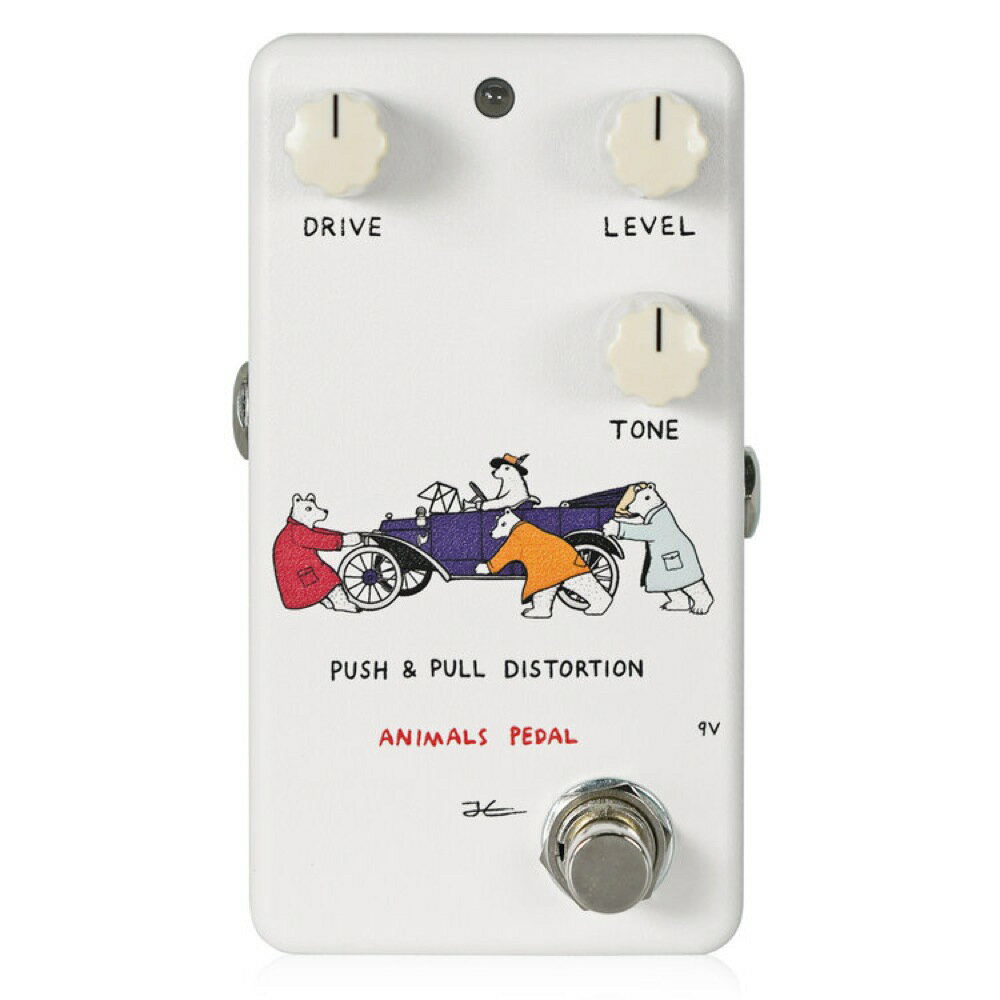 Animals Pedal PUSH & PULL DISTORTION ディストーション ギターエフェクターエレキギター、ことロックな音色として一番初めに思い浮かぶ音。それはアンプを歪ませたディストーションサウンドではないでしょうか。中でも、ブリティッシュアンプを強く歪ませ、エッジを出したトーン、ブラウンサウンドと呼ばれるトーンは、特にロックなディストーションサウンドのアイコンです。PUSH & PULL DISTORTIONはまさに、ブラウンサウンドを作るディストーションです。ブラウンサウンドにも様々な解釈がありますが、中でも80年代ごろの厚みのあるブラウンサウンドこそ、PUSH & PULL DISTORTIONのサウンドです。クリーンなアンプにつないで音を出せば、一瞬でそれとわかるサウンド。扱いやすく、ギタートーンのエッジを強め、厚みのある歪みです。ロングトーンも伸びやかに繋がり、レガートやライトハンドとベンドを組み合わせたり、高速オルタネイトピッキングとも相性の良い音色です。速いプレイでも音が生き生きとして輝く歪み。PUSH & PULL DISTORTIONの真骨頂です。●コントロールLEVEL：全体の音量を調整します。DRIVE：歪みの強さを調整します。TONE：音色を高域を中心に調整します。PUSH & PULL DISTORTIONはトゥルーバイパスフットスイッチを採用し、9V電池、またはスタンダードなセンターマイナスDC9Vアダプターで駆動します。●スペック消費電流：0.5mAインプットインピーダンス：500K ohmアウトプットインピーダンス：＜2k ohm※電池をご使用になる際、エフェクターを保管する時は電池の消耗を抑えるためにインプットジャックからプラグを抜いておいてください。また、長期間ご使用にならない際は電池を外して保管してください。種類：ディストーションアダプター：9Vセンターマイナス電池駆動：9V電池コントロール：LEVEL、TONE、DRIVE
